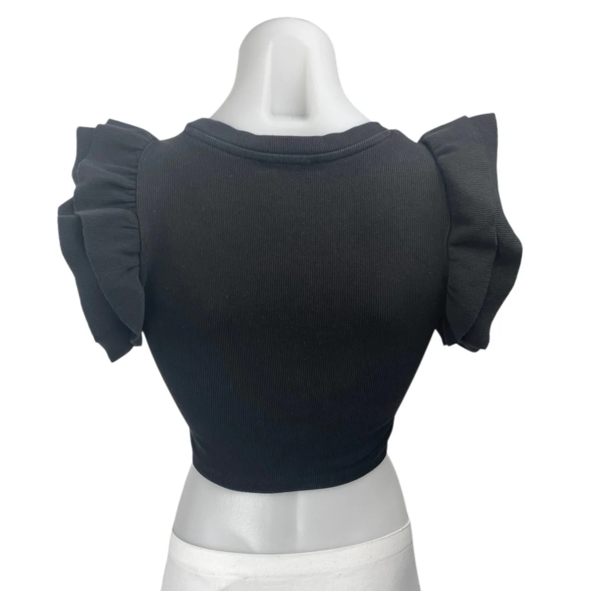 Zara Women's Black Ruffle Sleeve Ribbed Knit Crew Neck Crop Blouse Top Size M - Image 2