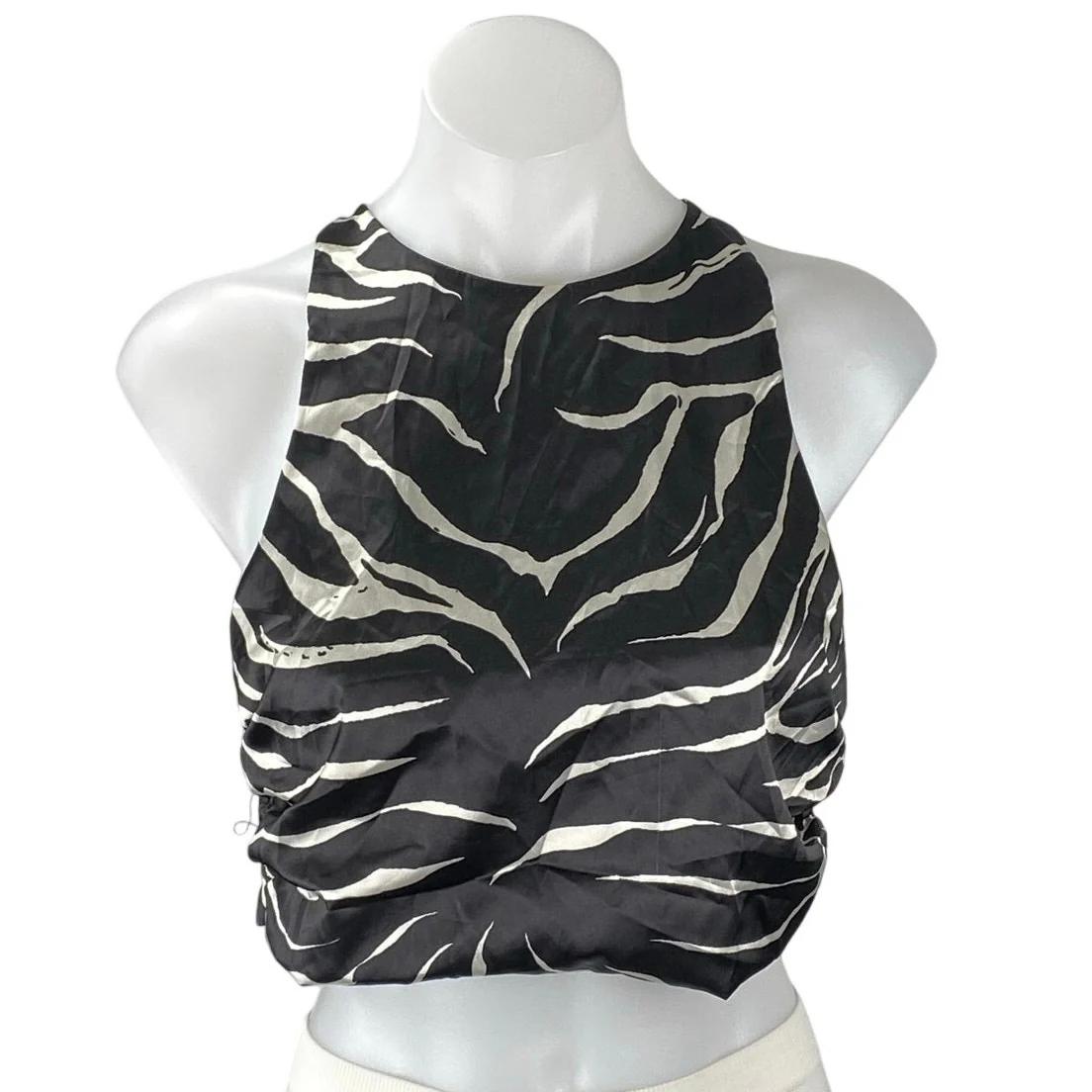 Zara Women's Black Satin Sleeveless Animal Print Crossback Crop Tank Top Size M