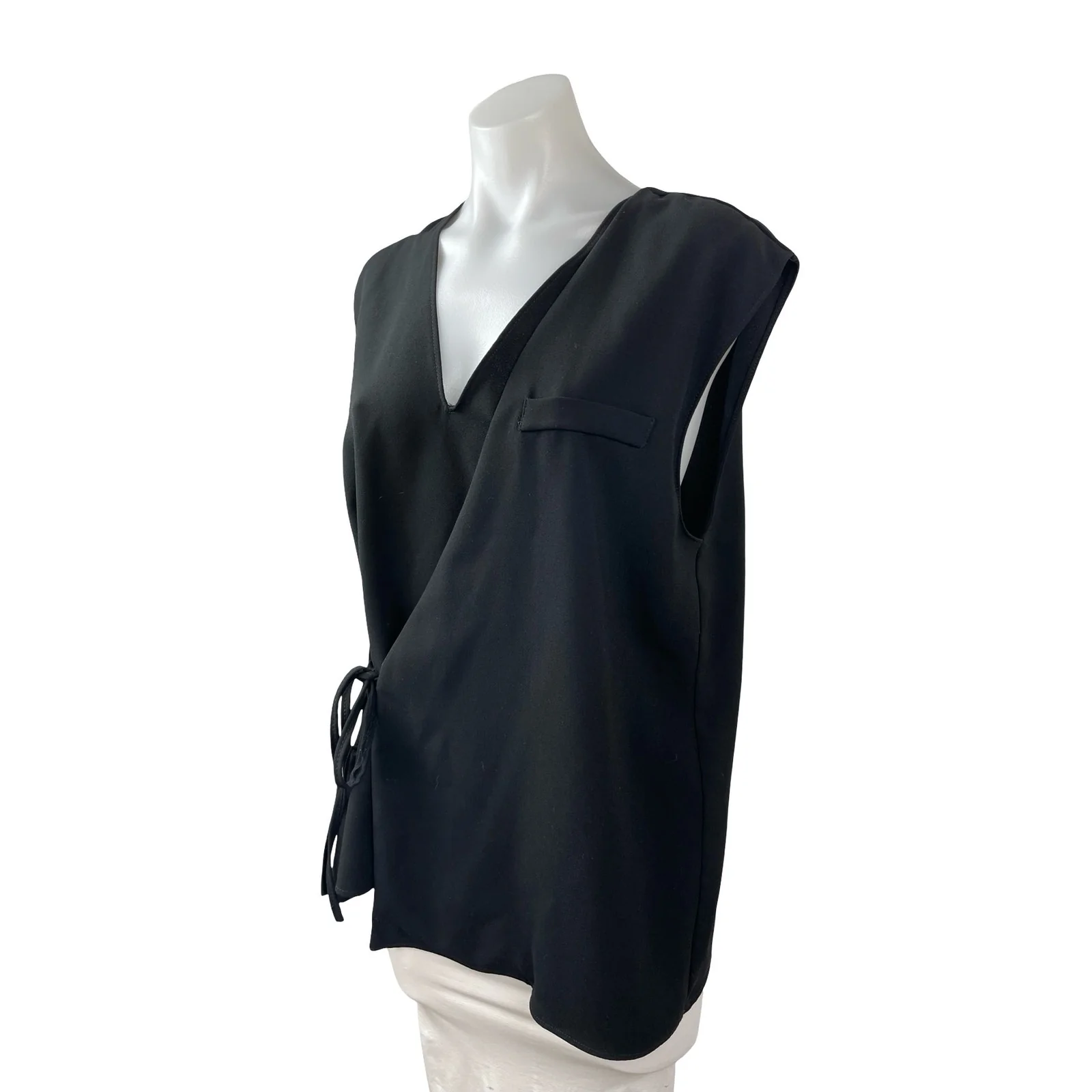 Zara Women's Black Short Cap Sleeve V Neck Tie Wrap Pocket Blouse Top Size L - Image 3