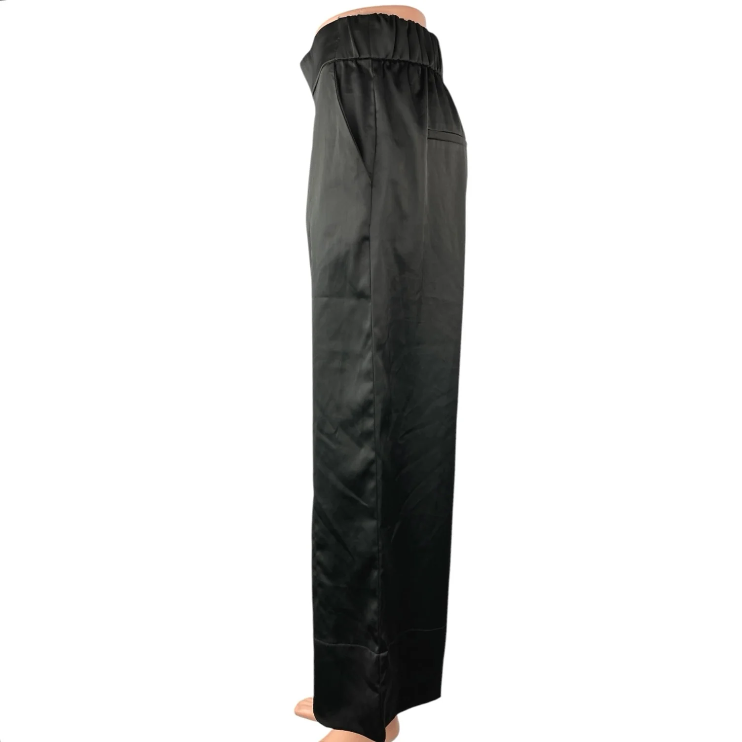 Zara Women's Black Silk Satin Wide Leg High Waist Pull On Crop Trousers Pants S - Image 2