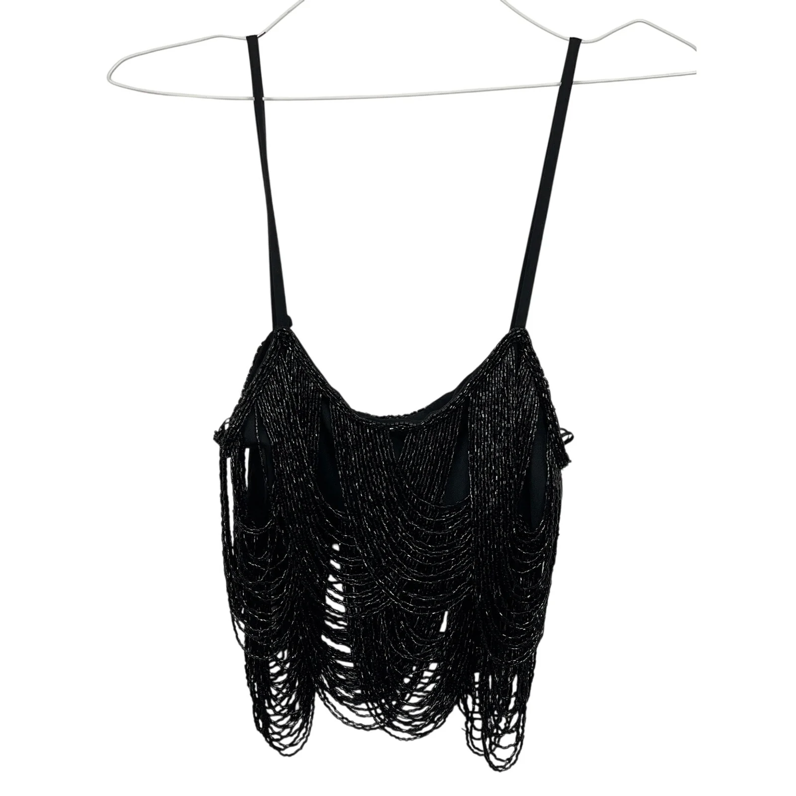 Zara Women's Black Sleeveless Beaded Fringe Cami Camisole Crop Tank Top Size XS