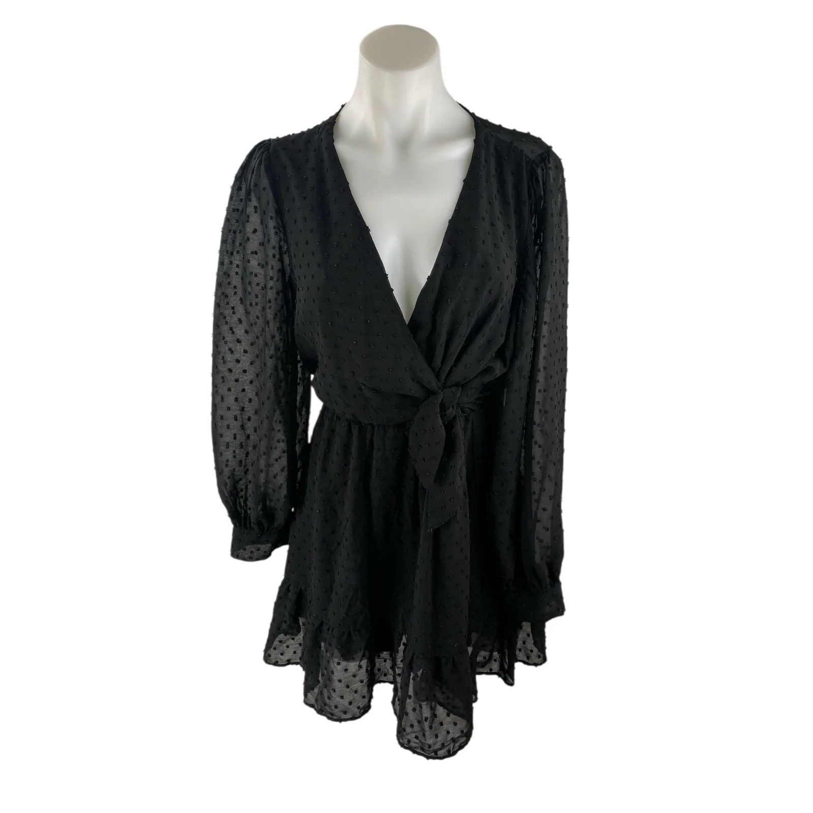 Zara Women's Black Swiss Dot Sheer V Neck Long Sleeve Mini A-Line Wrap Dress S