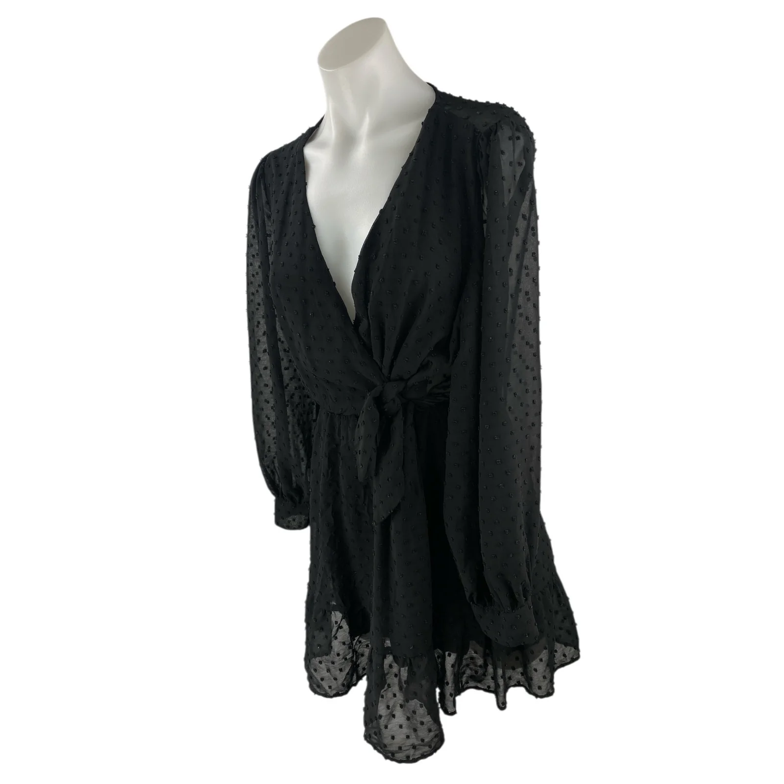 Zara Women's Black Swiss Dot Sheer V Neck Long Sleeve Mini A-Line Wrap Dress S - Image 3