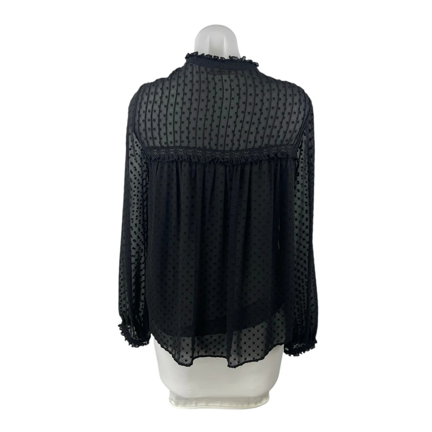 Zara Womens Black Texture Dot Ruffle Button Up Long Sleeve Peasant Blouse Top XS - Image 2