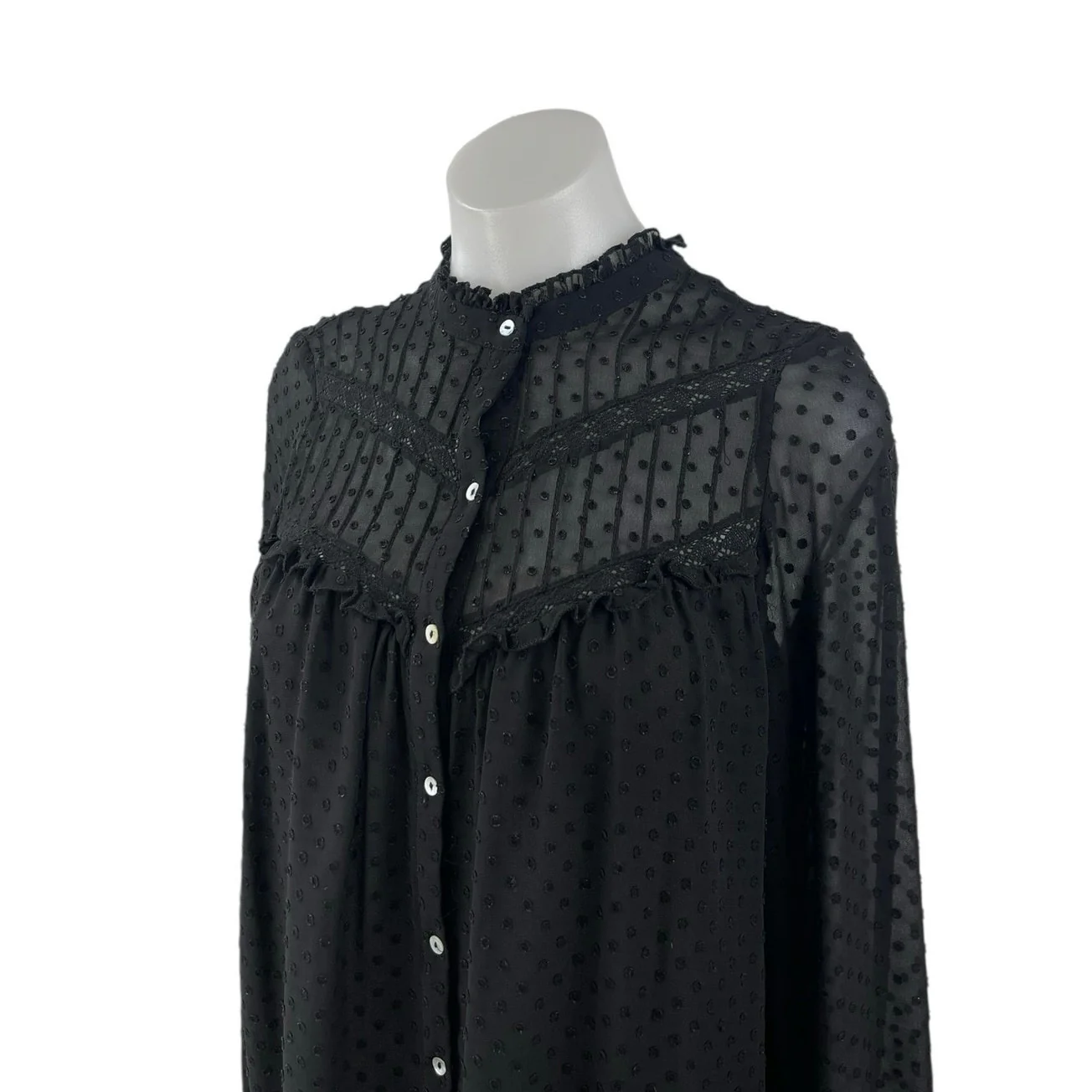 Zara Womens Black Texture Dot Ruffle Button Up Long Sleeve Peasant Blouse Top XS - Image 3