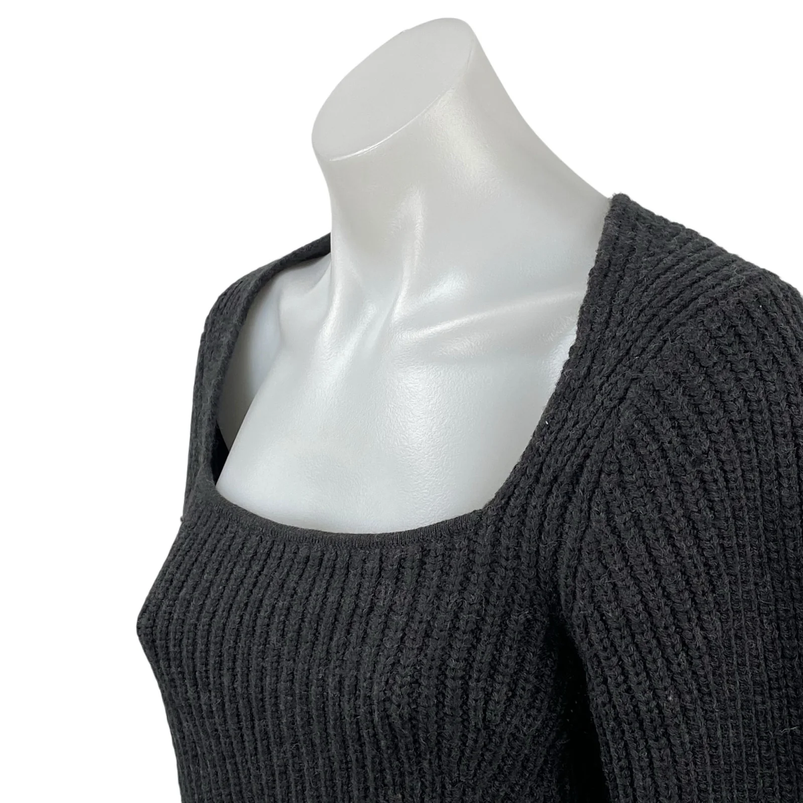 Zara Womens Black Wool Ribbed Knit Square Neck Long Sleeve Cropped Sweater Top S - Image 2