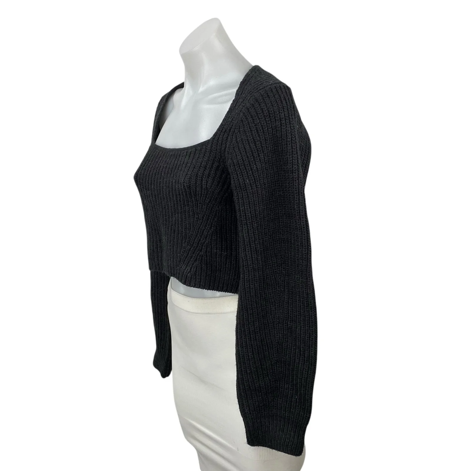 Zara Womens Black Wool Ribbed Knit Square Neck Long Sleeve Cropped Sweater Top S - Image 3