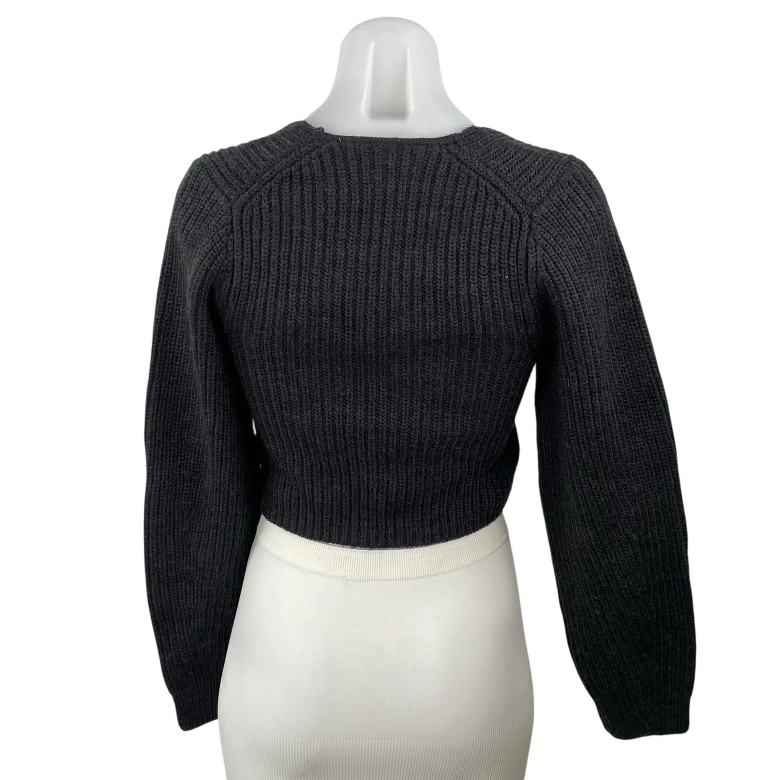 Zara Womens Black Wool Ribbed Knit Square Neck Long Sleeve Cropped Sweater Top S - Image 4
