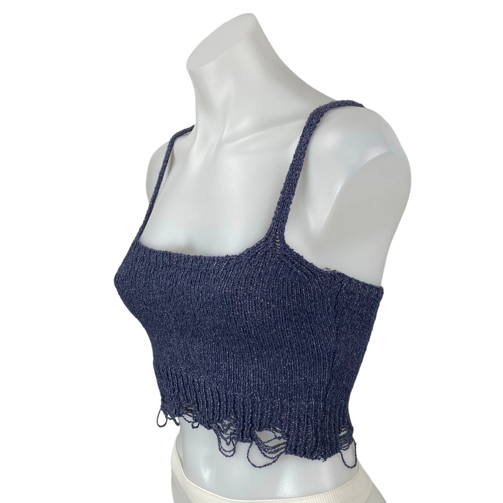 Zara Womens Blue Distressed Sleeveless Square Neck Bralette Crop Cami Tank Top S - Image 2