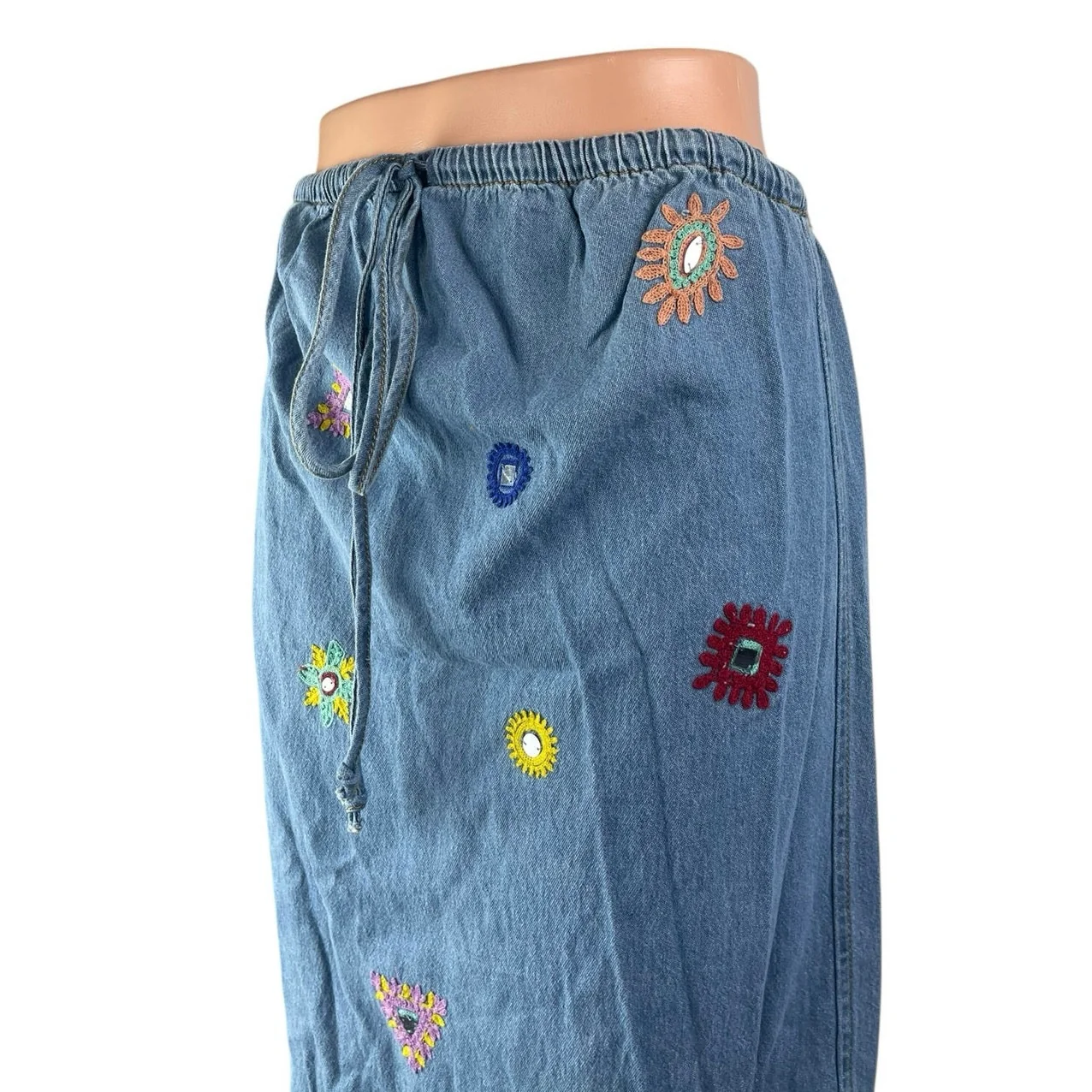 Zara Women's Blue Floral Embroidered Elastic Waist Denim Jeans Maxi Skirt Size S - Image 3