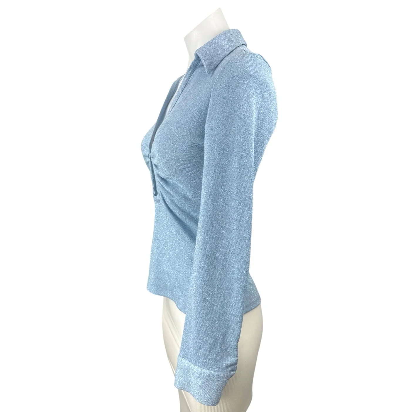 Zara Women's Blue Glitter Long Sleeve V Neck Button Polo Blouse Top Size XS - Image 2