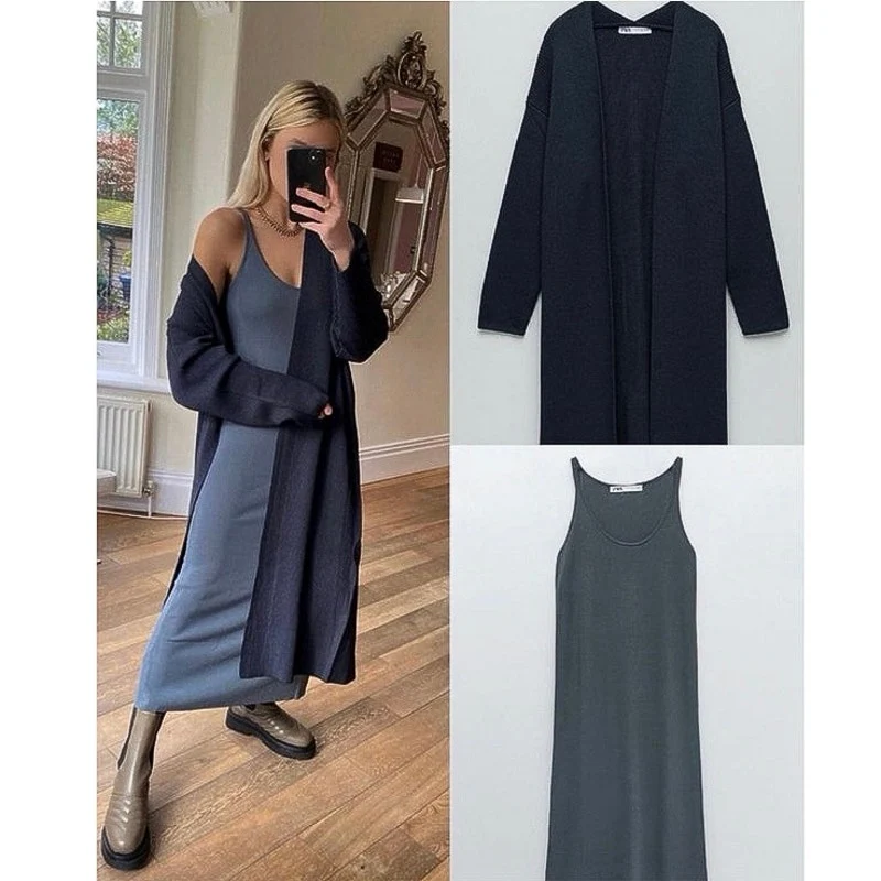 Zara Women's Blue Grey Long Open Front Jacket Duster Cardigan Sweater Size M - Image 6