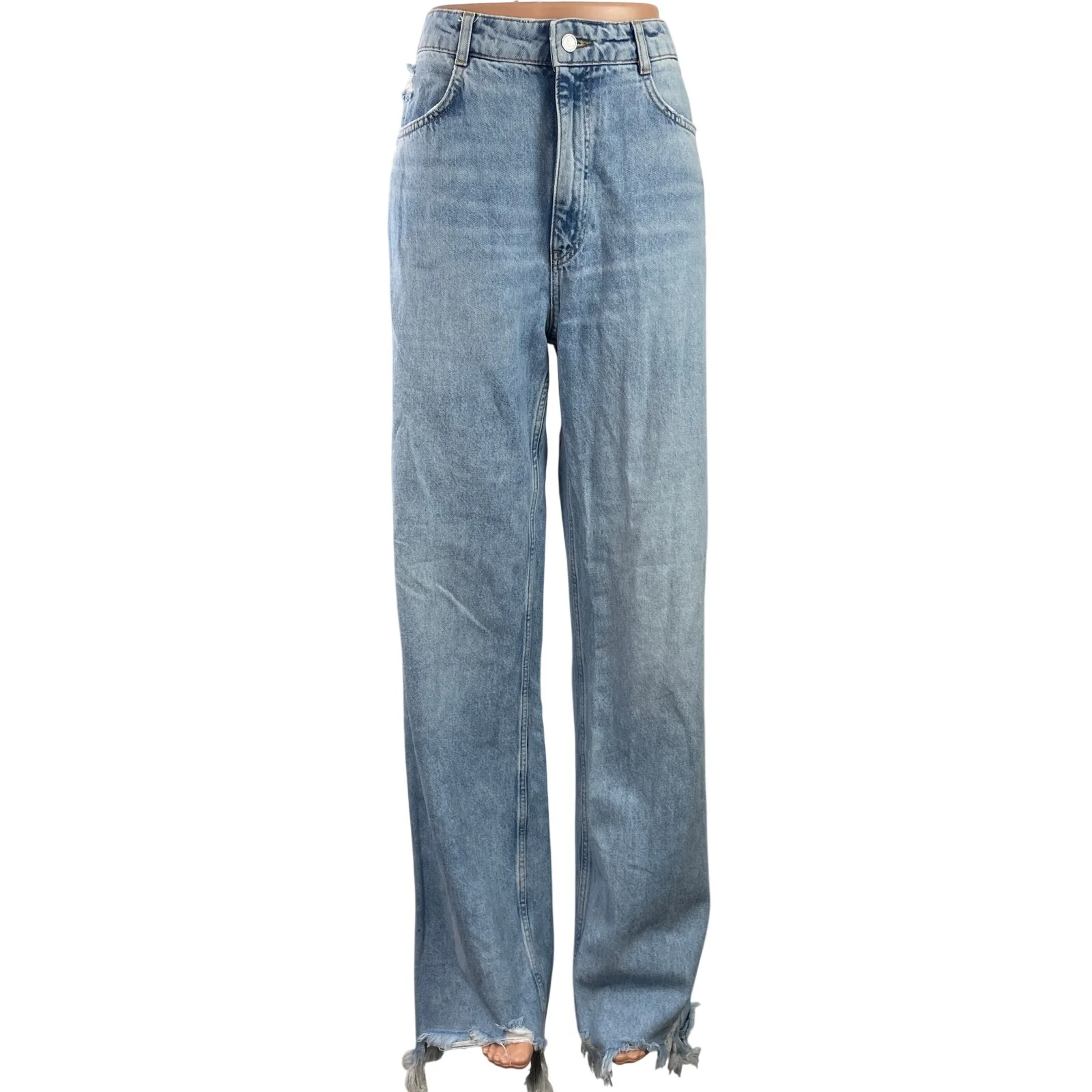 Zara Womens Blue High Rise Raw Frayed Hem Straight Leg Denim Jeans Pants Size 10
