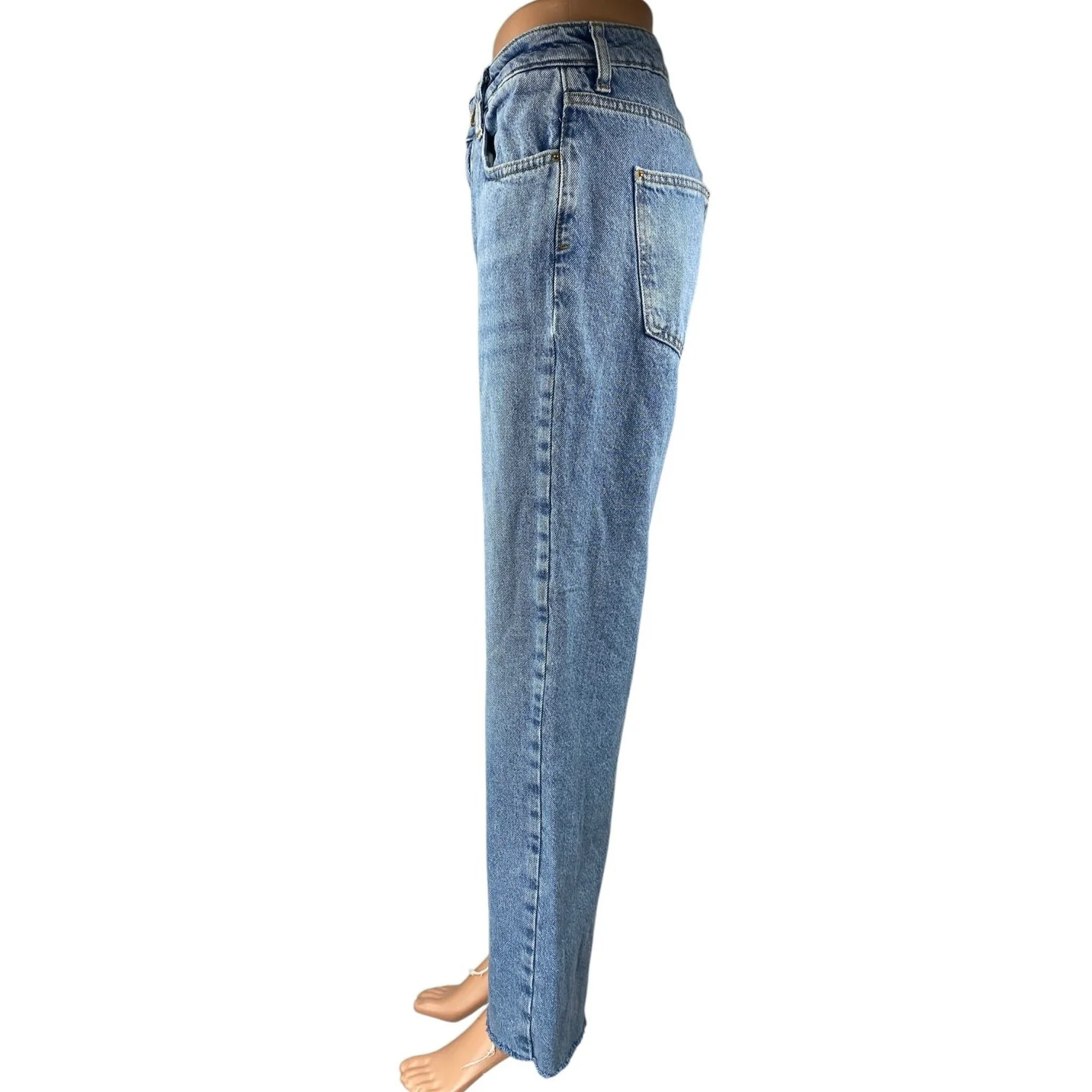 Zara Women's Blue High Rise Straight Wide Leg Frayed Raw Hem Denim Jeans Pants 6 - Image 2