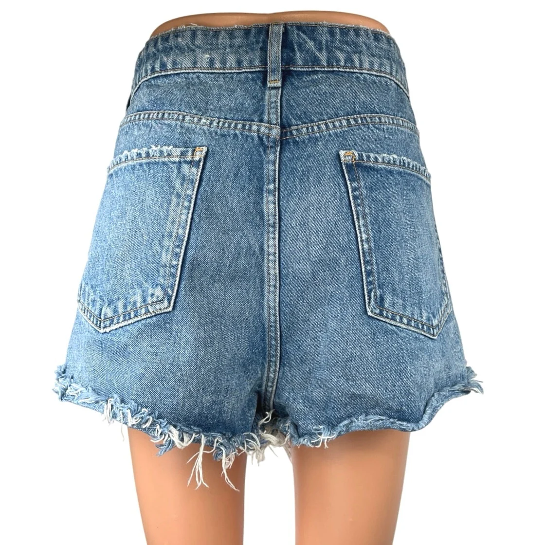 Zara Women's Blue High Waisted Raw Hem Medium Wash Denim Jean Shorts Size 12 - Image 3