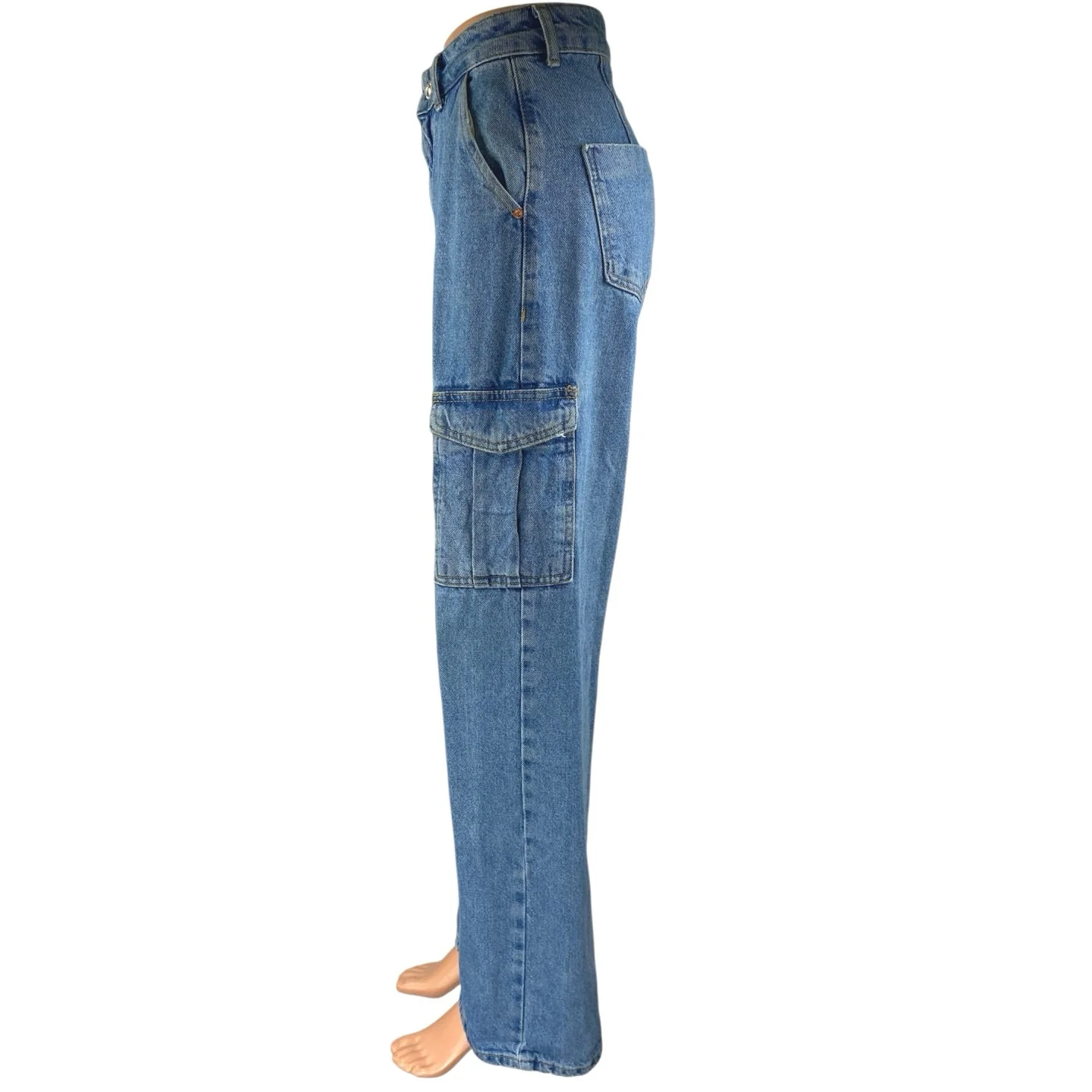 Zara Women's Blue High Waisted Straight Wide Leg Cargo Denim Jeans Pants Size 2 - Image 2