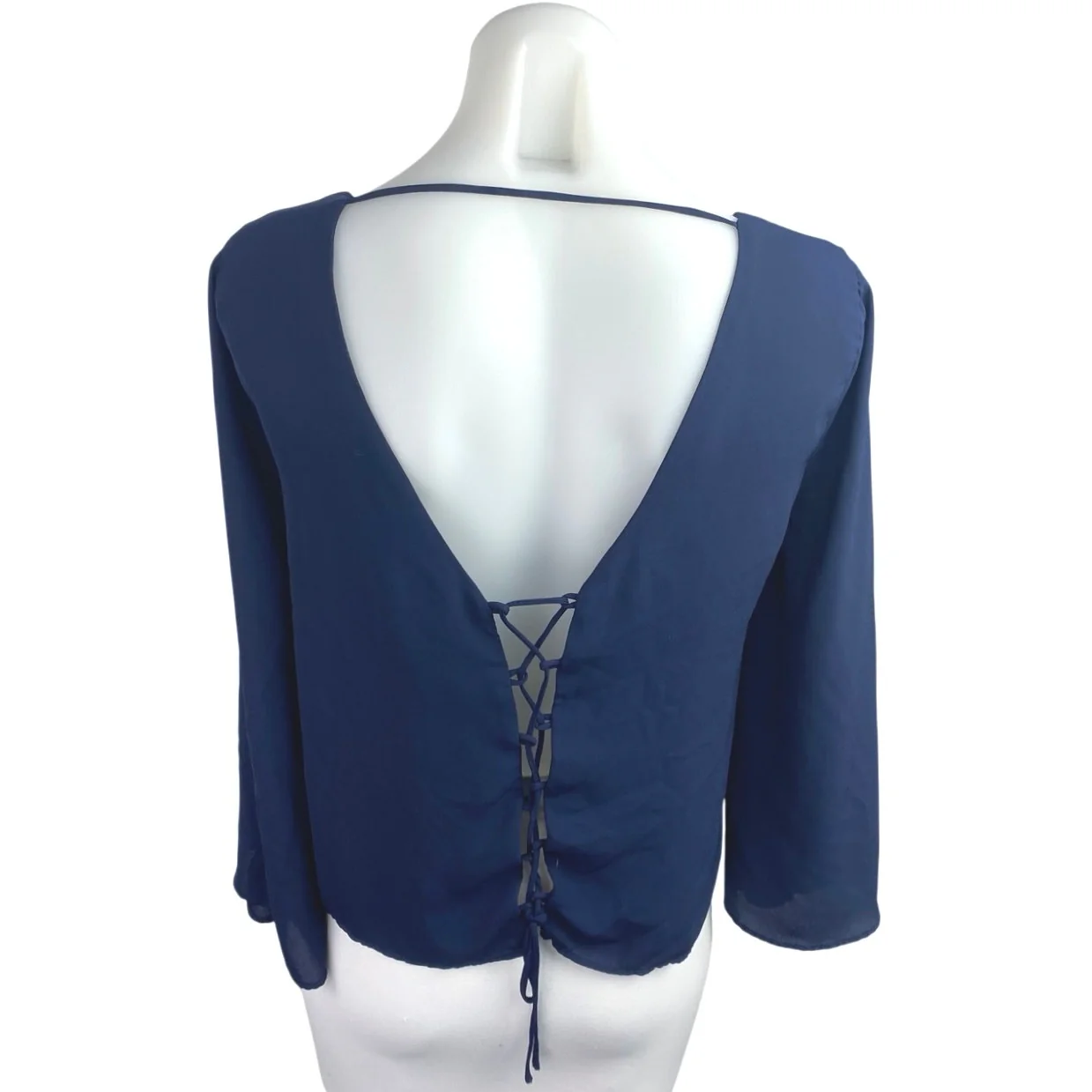 Zara Women's Blue Lace Up Open Back V-Neck Long Bell Sleeve Blouse Top Size S - Image 2
