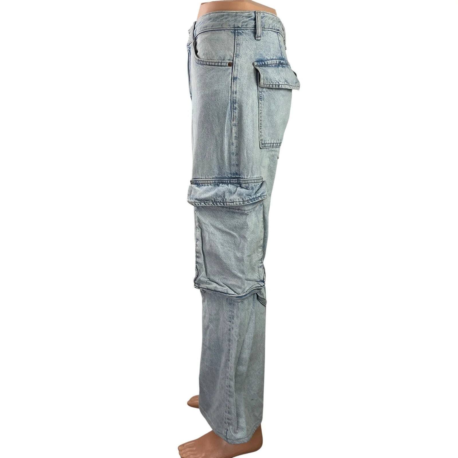 Zara Womens Blue Light Wash Mid Rise Wide Leg Baggy Cargo Denim Jeans Pants Sz 8 - Image 2