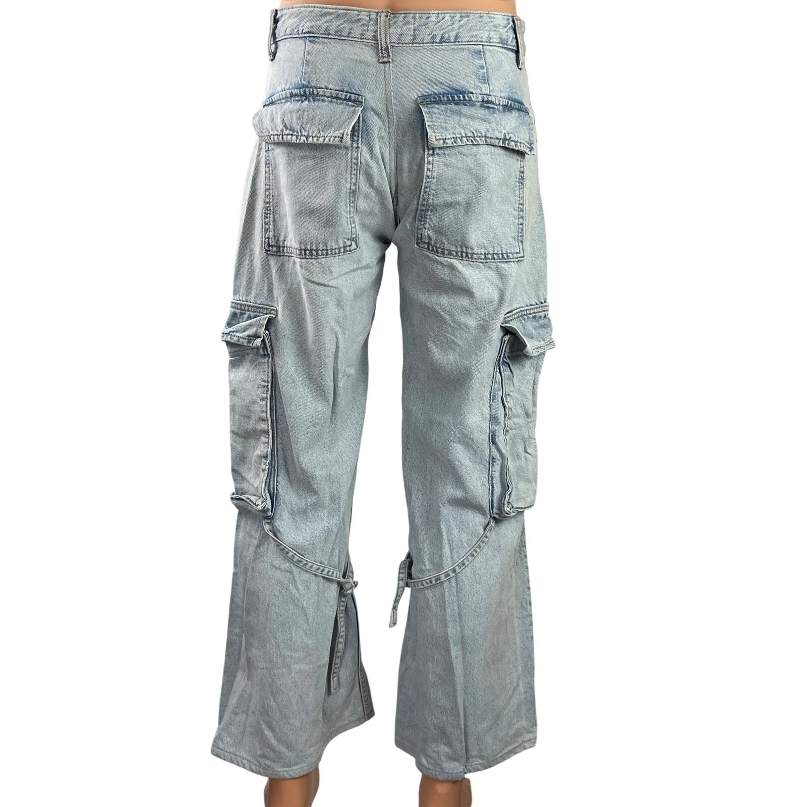 Zara Womens Blue Light Wash Mid Rise Wide Leg Baggy Cargo Denim Jeans Pants Sz 8 - Image 3