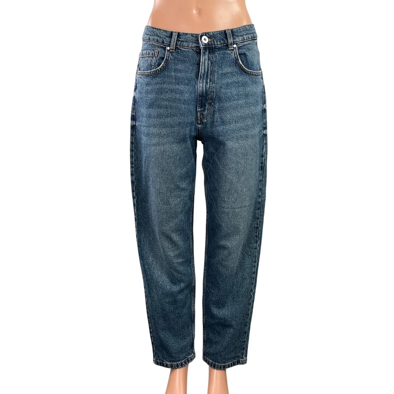 Zara Women's Blue Medium Wash Barrel Baggy High Waisted Denim Jeans Size 8