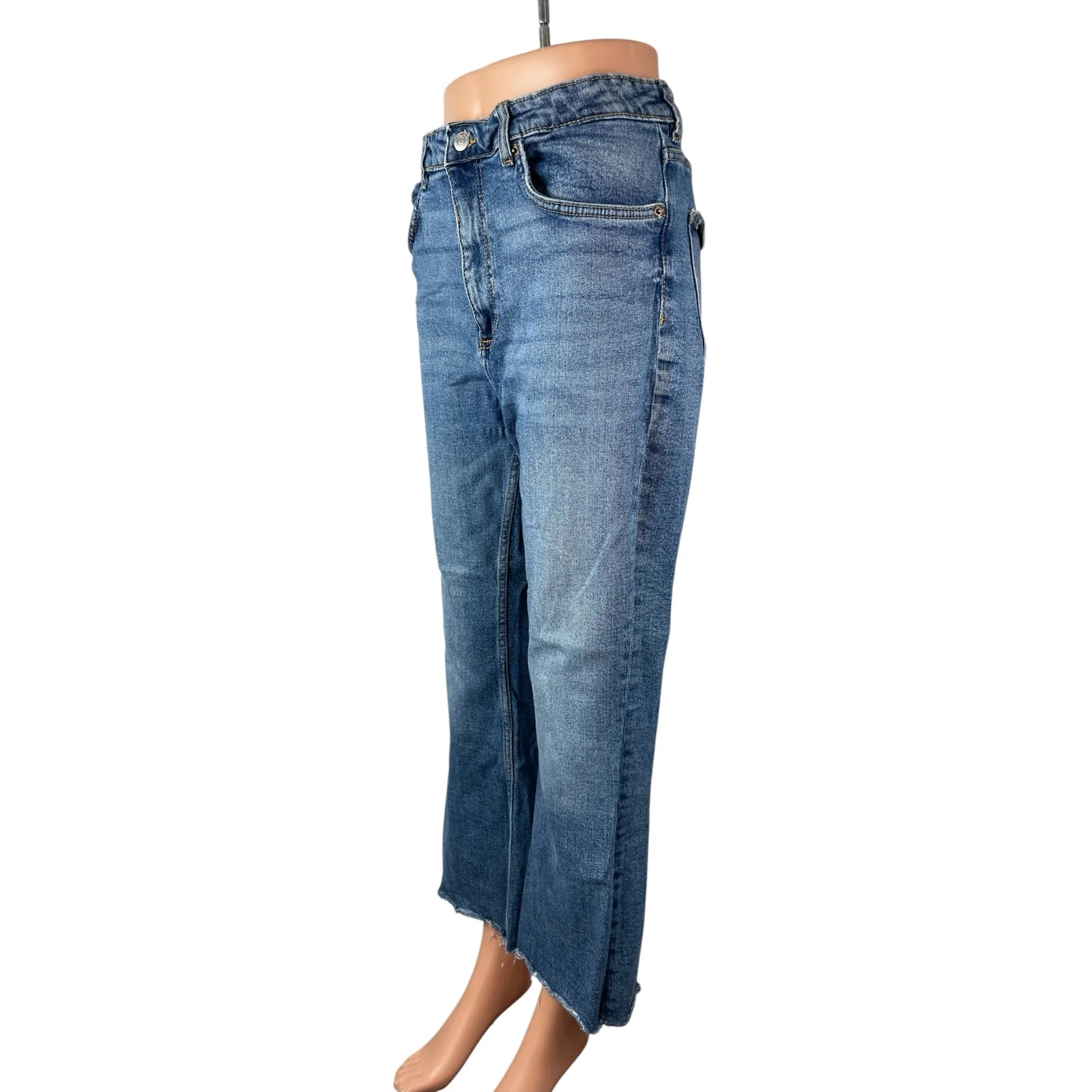 Zara Women's Blue Raw Frayed Hem High Rise Bootcut Flare Denim Jeans Pants Sz 12 - Image 3