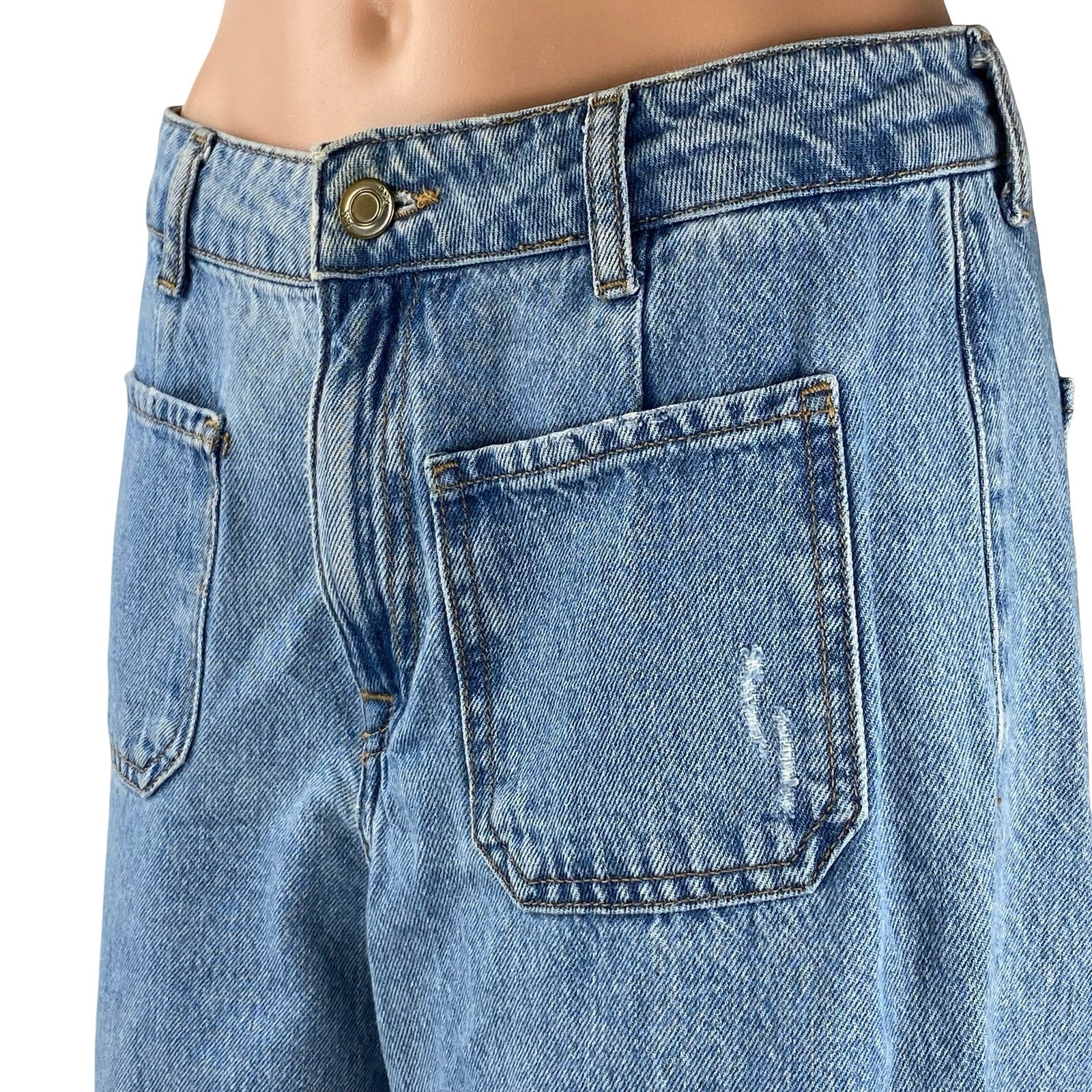 Zara Women's Blue Raw Frayed Hem High Rise Wide Leg Bootcut Denim Jeans Pants 6 - Image 3