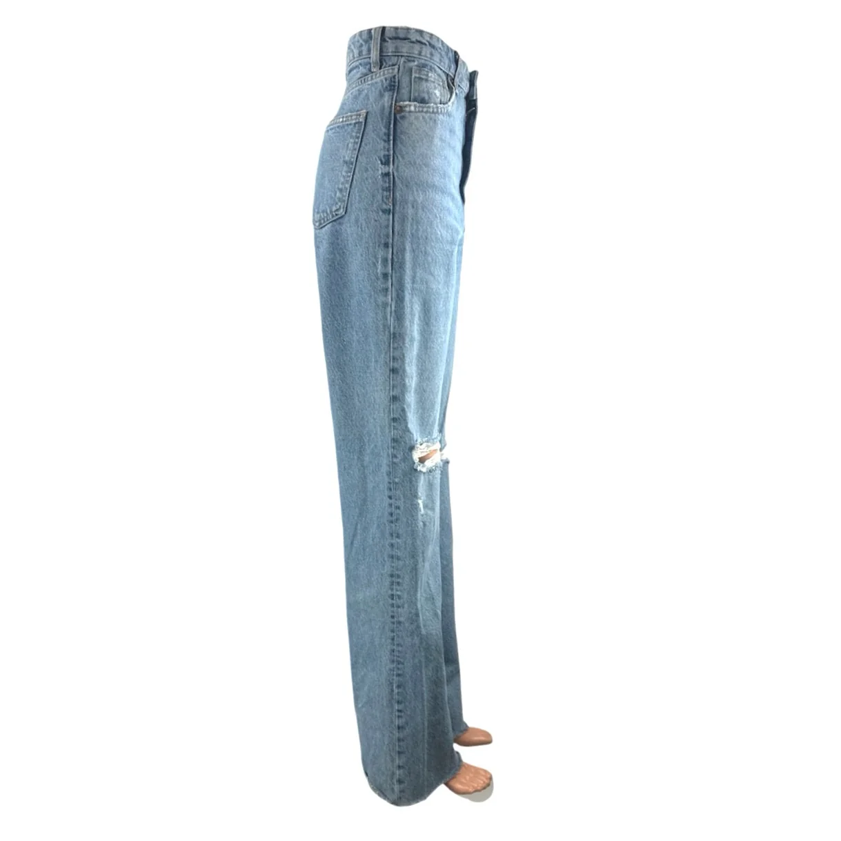 Zara Womens Blue Ripped Distressed Straight Palazzo Wide Leg Denim Jeans Pants 2 - Image 2
