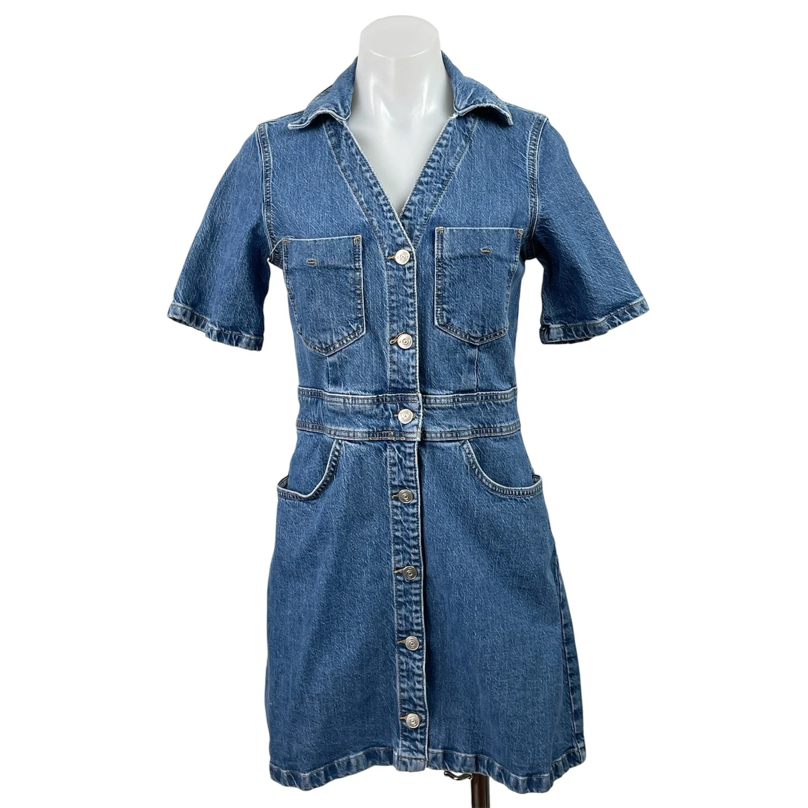Zara Womens Blue Short Sleeve Button Down Collared Mini A-Line Denim Dress Sz M