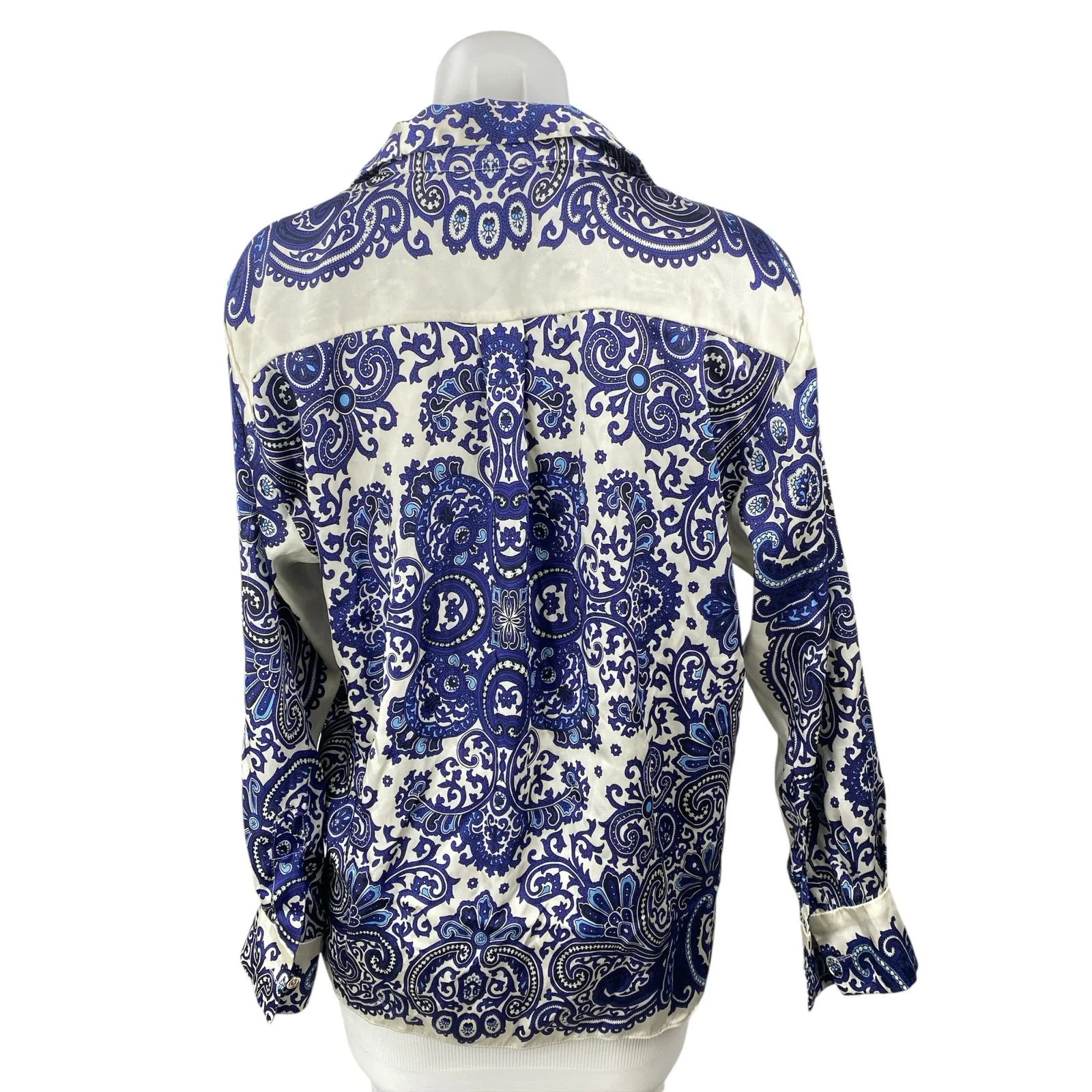 Zara Women's Blue Silky Satin Paisley Collared Button Down Shirt Blouse Top Sz S - Image 4