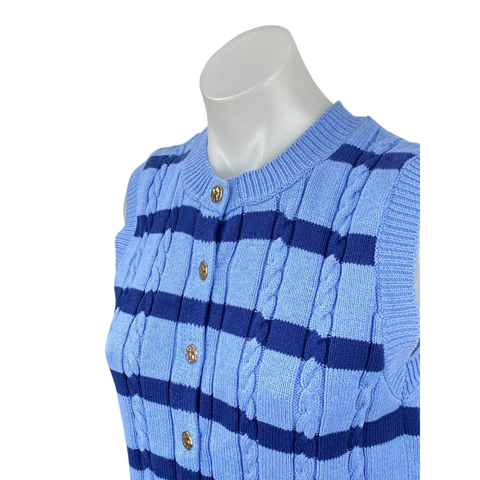 Zara Women's Blue Stripe Cable Knit Sleeveless Button Up Tank Sweater Vest Top S - Image 2