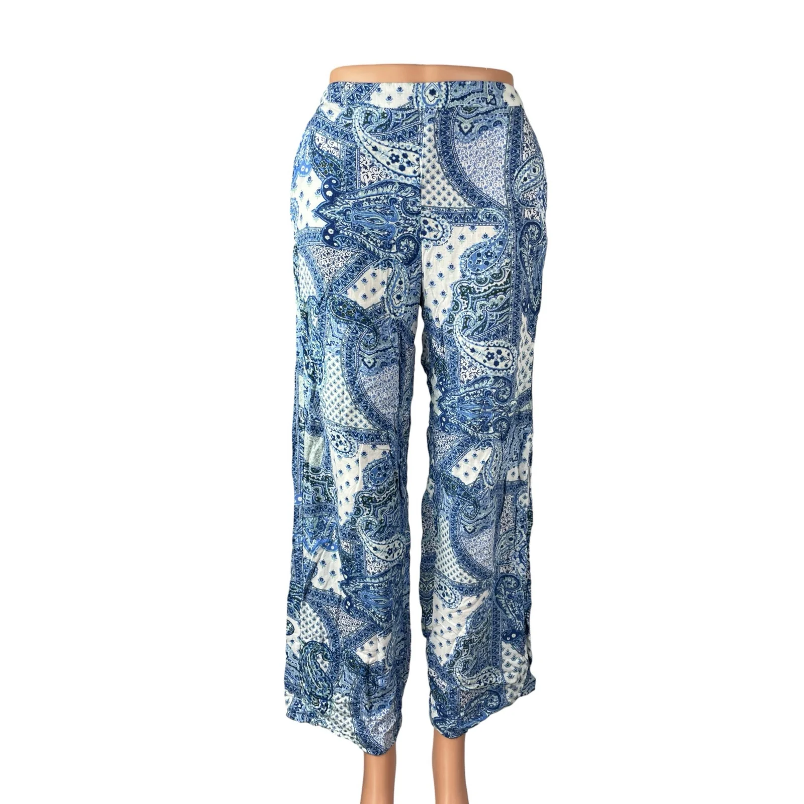 Zara Women's Blue White Paisley High Rise Boho Palazzo Wide Leg Trousers Pants S