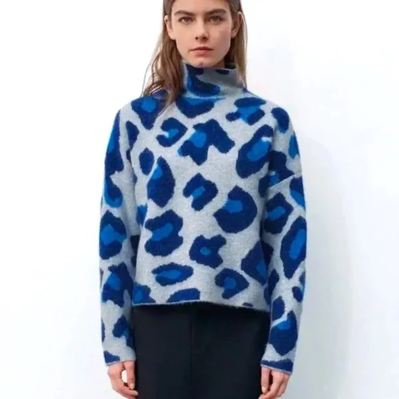 Zara Womens Blue Wool Jacquard Leopard Long Sleeve Turtleneck Sweater Top Size L - Image 3