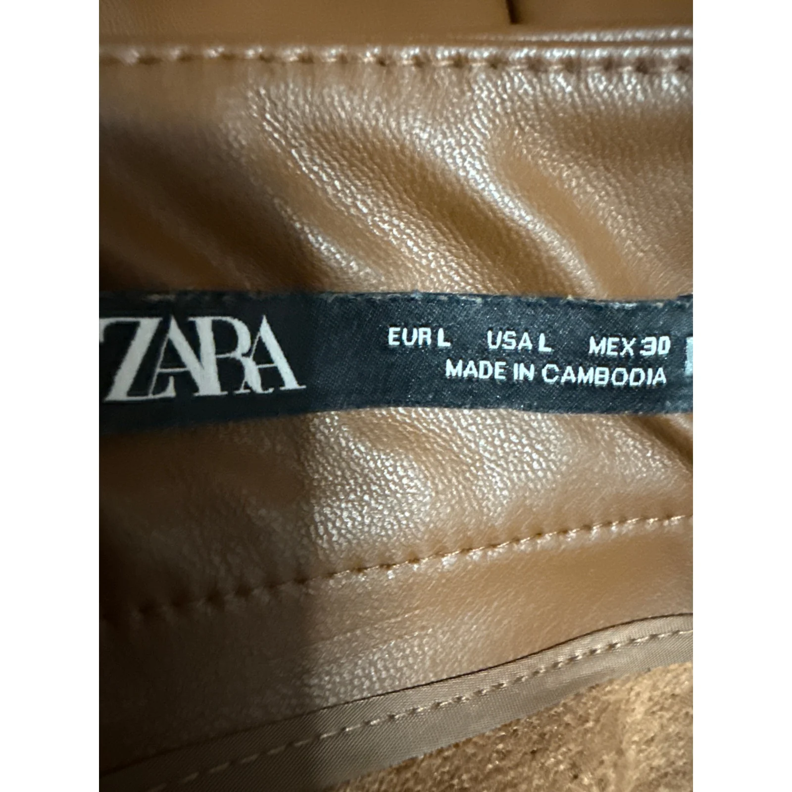 Zara Women's Brown Faux Vegan Leather Pleated Belted Mini A-Line Skirt Size L - Image 4