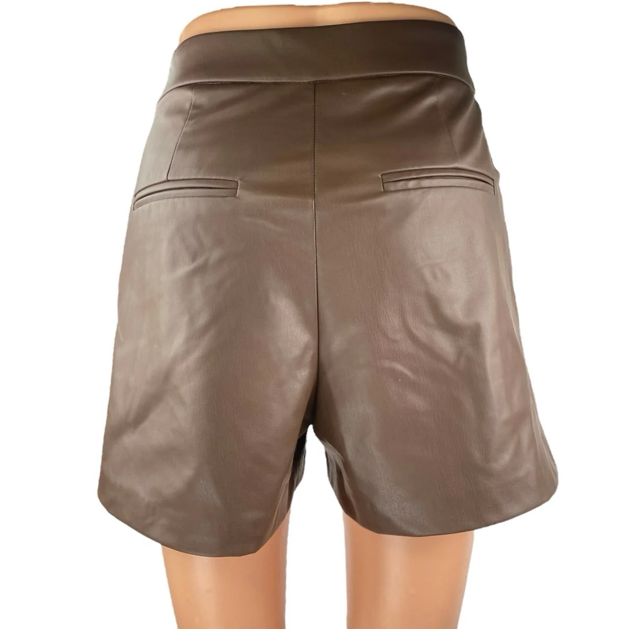 Zara Women's Brown Faux Vegan Leather Pleated High Waisted Wide Leg Shorts Sz XS - Image 3