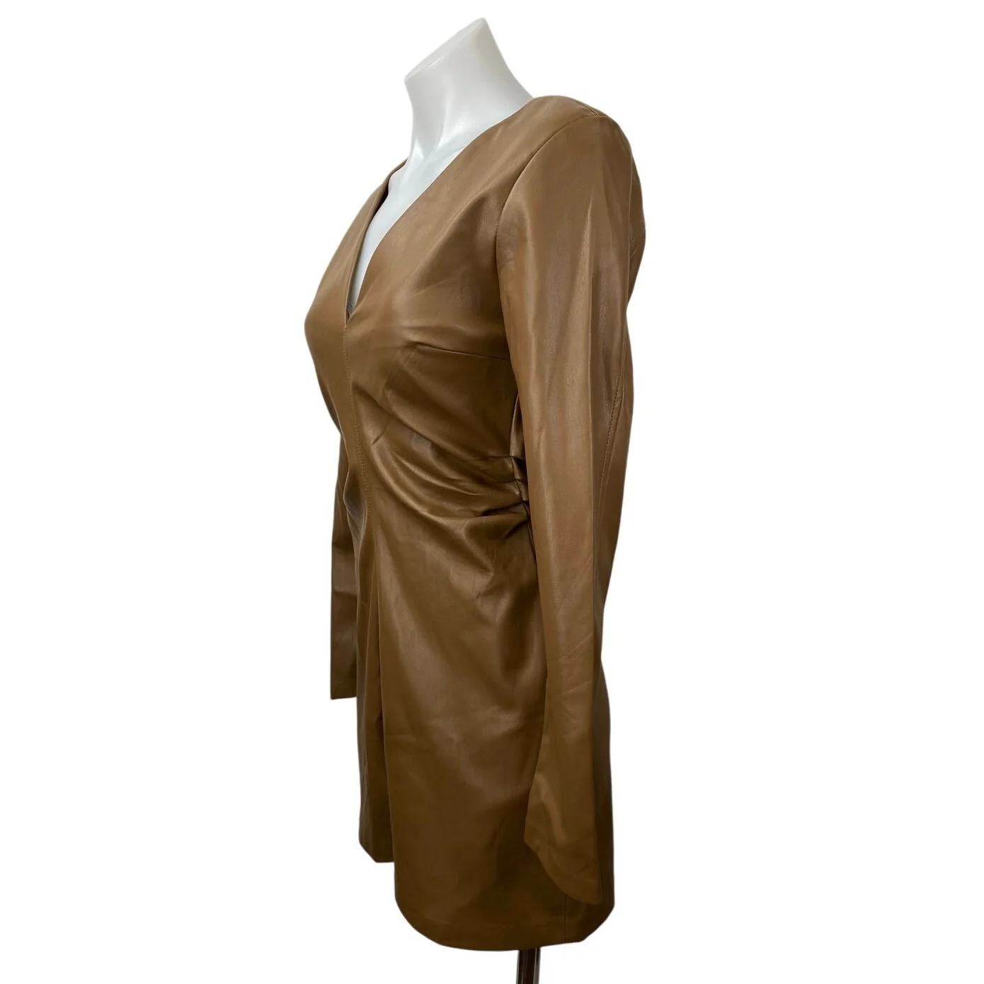 Zara Women's Brown Faux Vegan Leather V-neck Long Sleeve Mini Bodycon Dress Sz S - Image 2