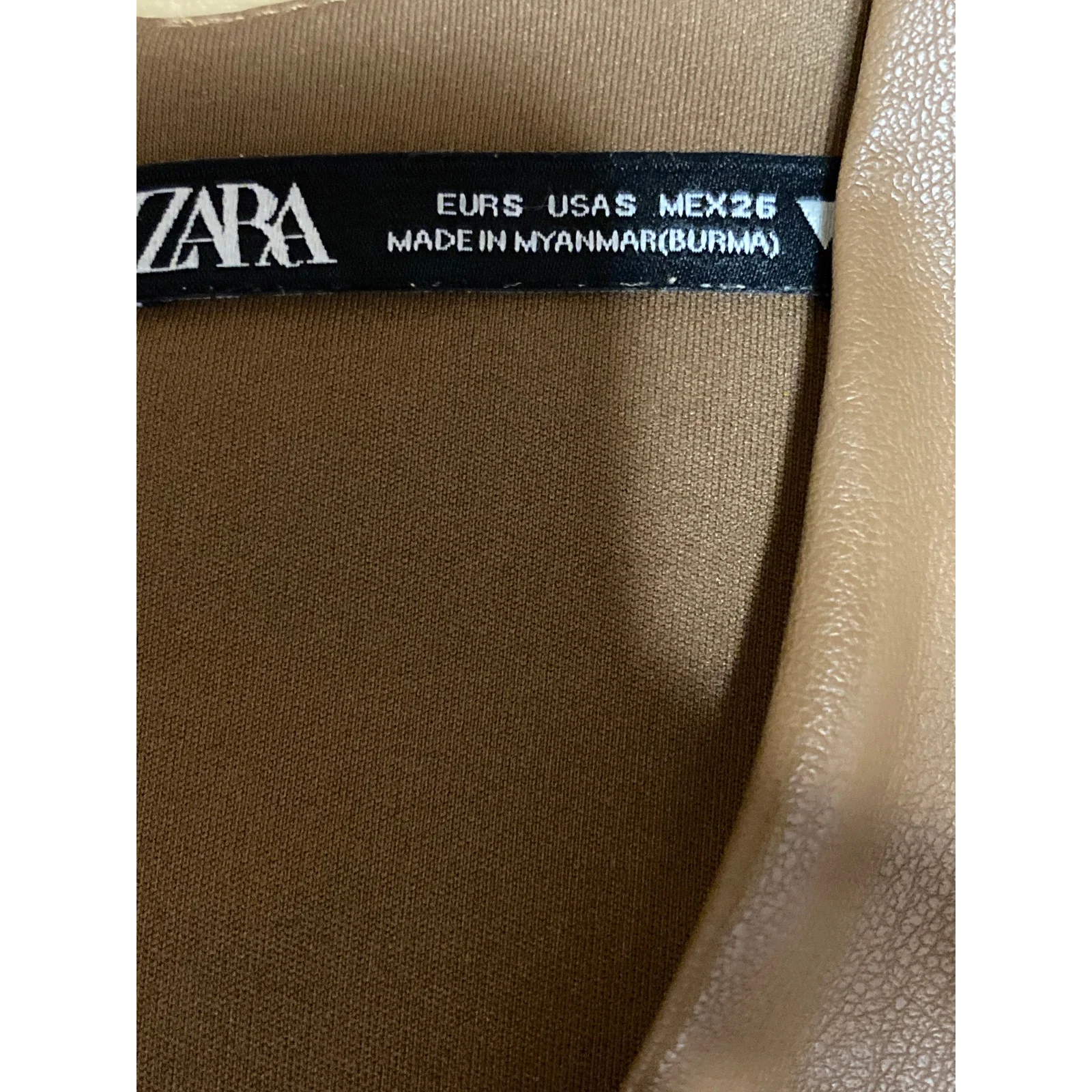 Zara Women's Brown Faux Vegan Leather V-neck Long Sleeve Mini Bodycon Dress Sz S - Image 4