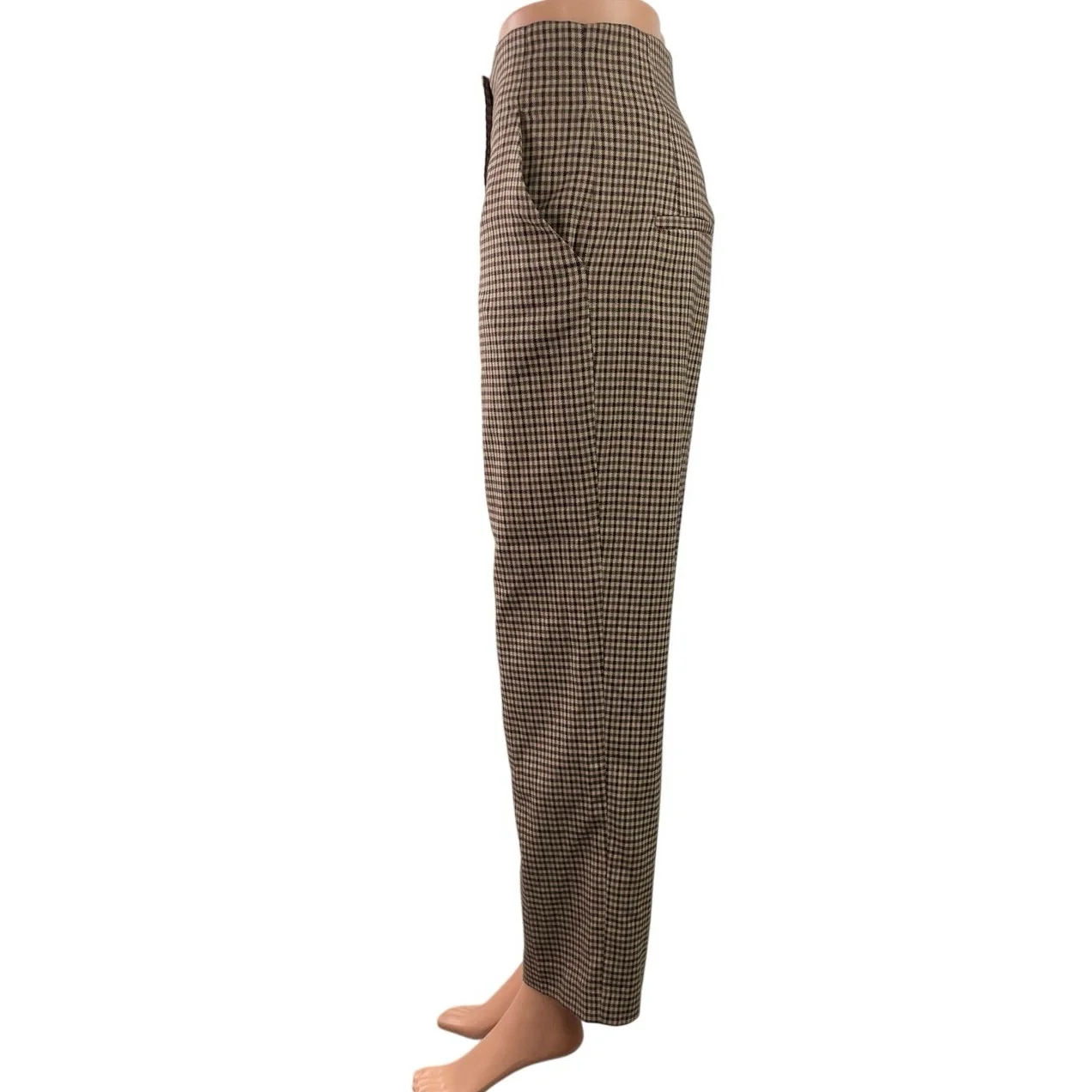 Zara Women's Brown Houndstooth High Waisted Straight Leg Dress Trousers Pants S - Image 2