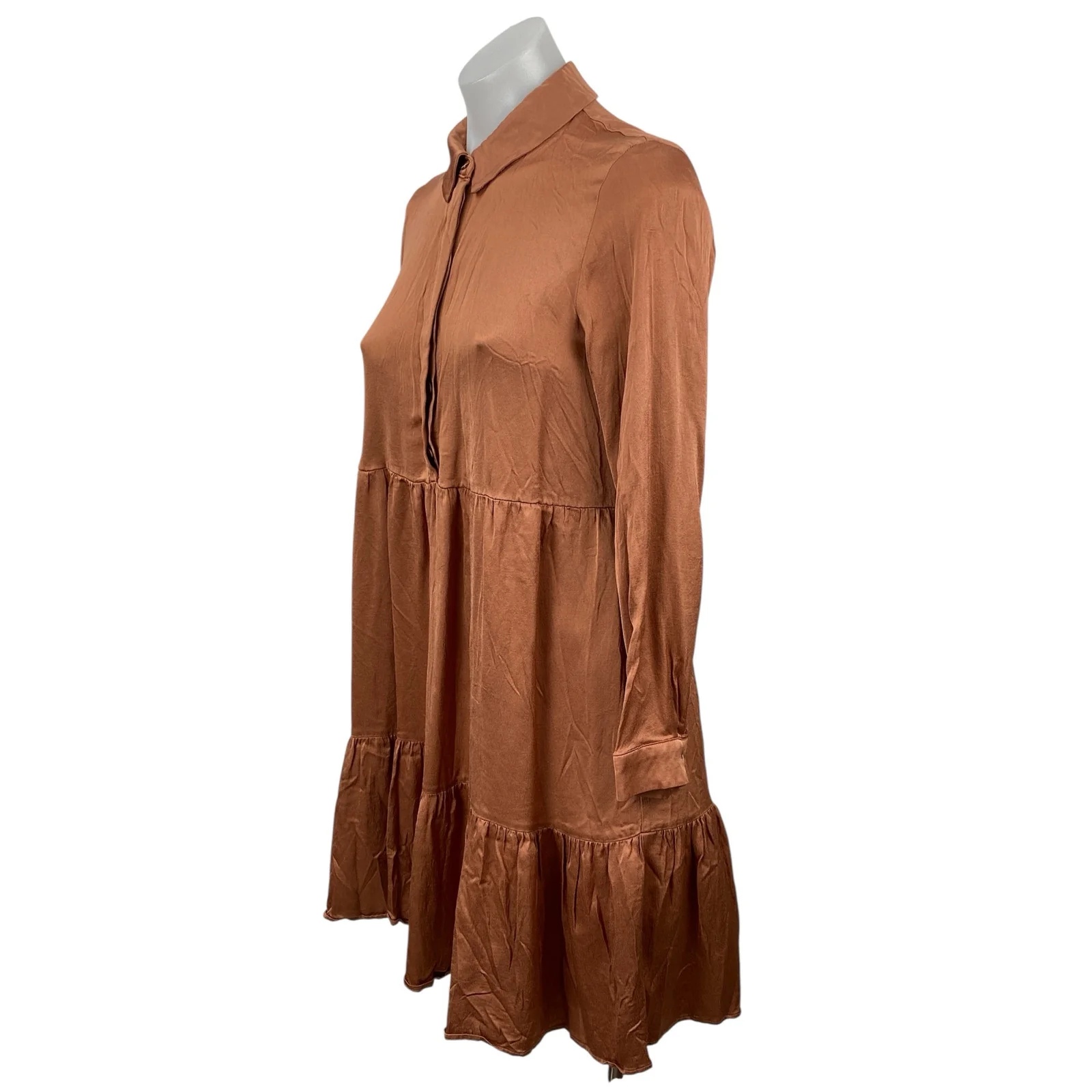 Zara Women's Brown Long Sleeve Button Front Tiered A Line Mini Dress Size XS - Image 3