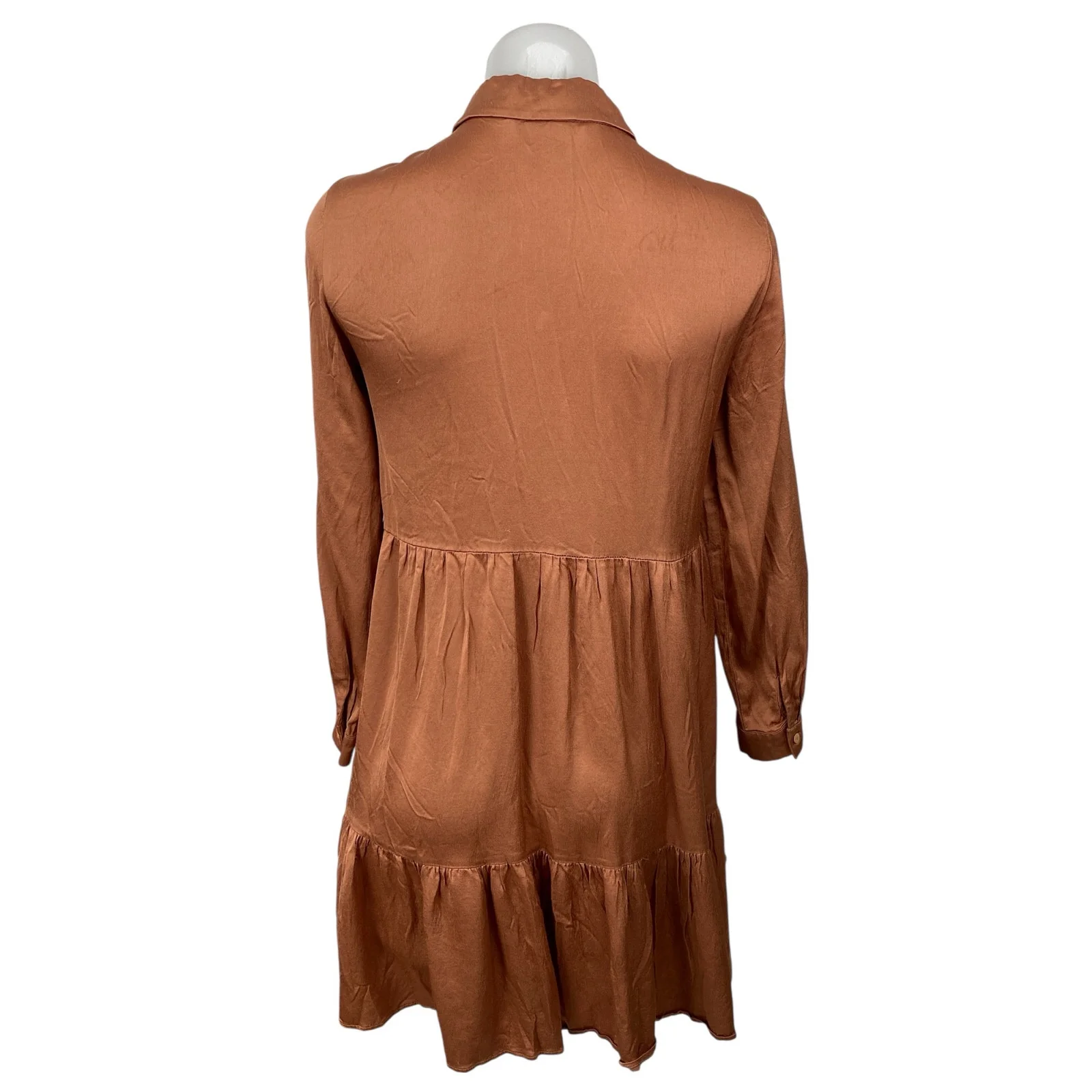 Zara Women's Brown Long Sleeve Button Front Tiered A Line Mini Dress Size XS - Image 4