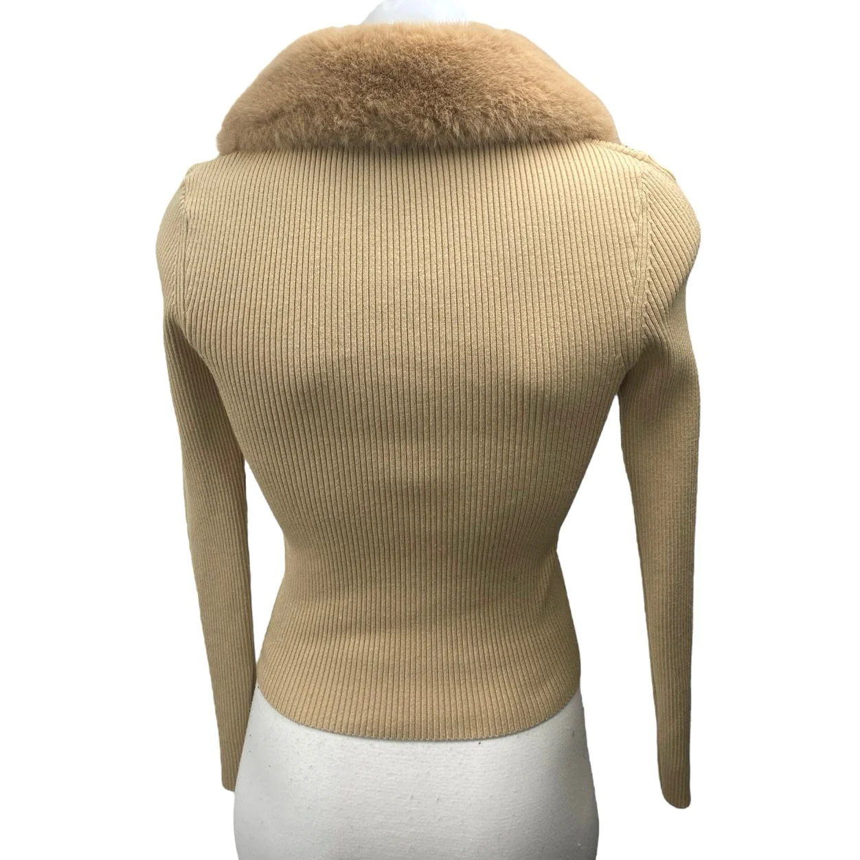 Zara Women's Brown Rib Knit Faux Fur Collar Long Sleeve Crop Sweater Top Size M - Image 2