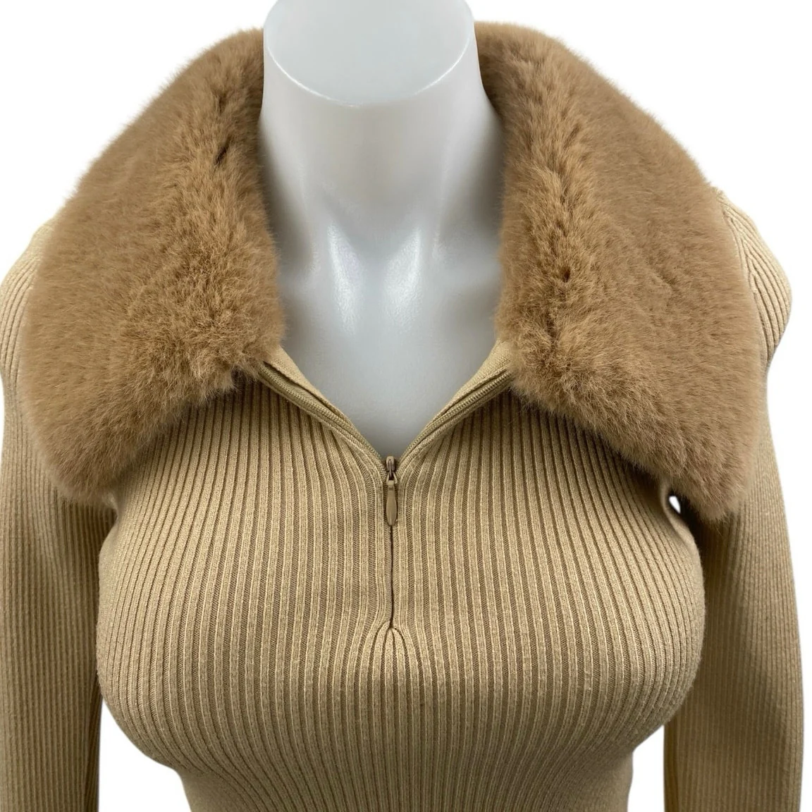 Zara Women's Brown Rib Knit Faux Fur Collar Long Sleeve Crop Sweater Top Size M - Image 3