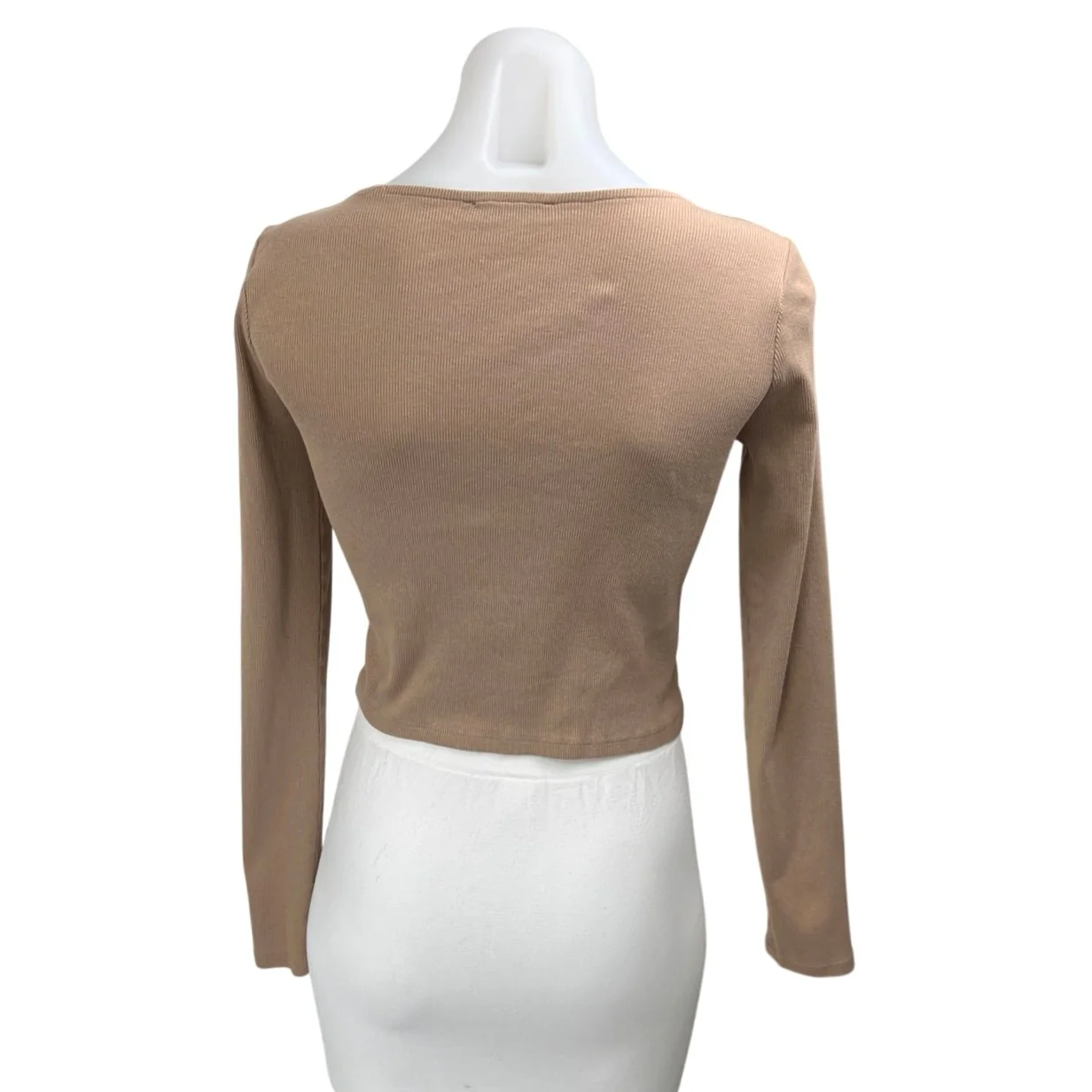Zara Women's Brown Rib Knit Long Sleeve Square Neck Crop Shirt Sweater Top Sz L - Image 2