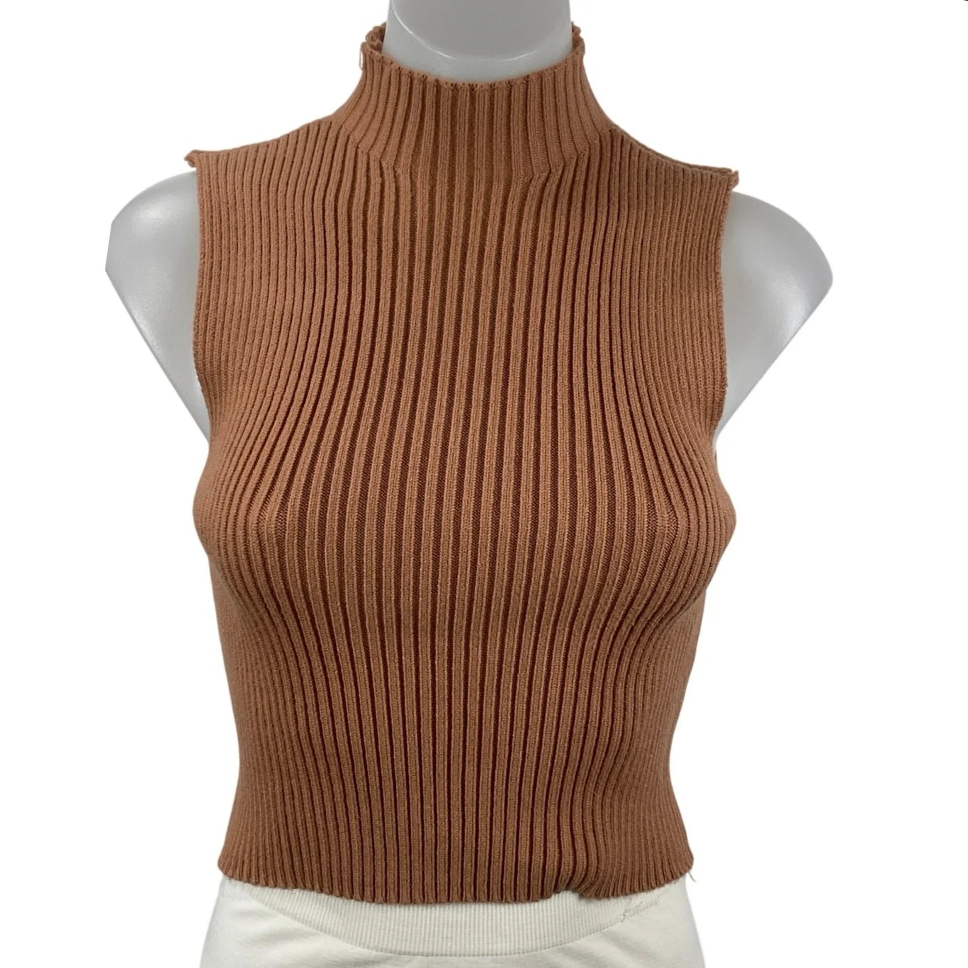 Zara Womens Brown Ribbed Knit Turtle Neck Sleeveless Casual Slim Crop Tank Top S