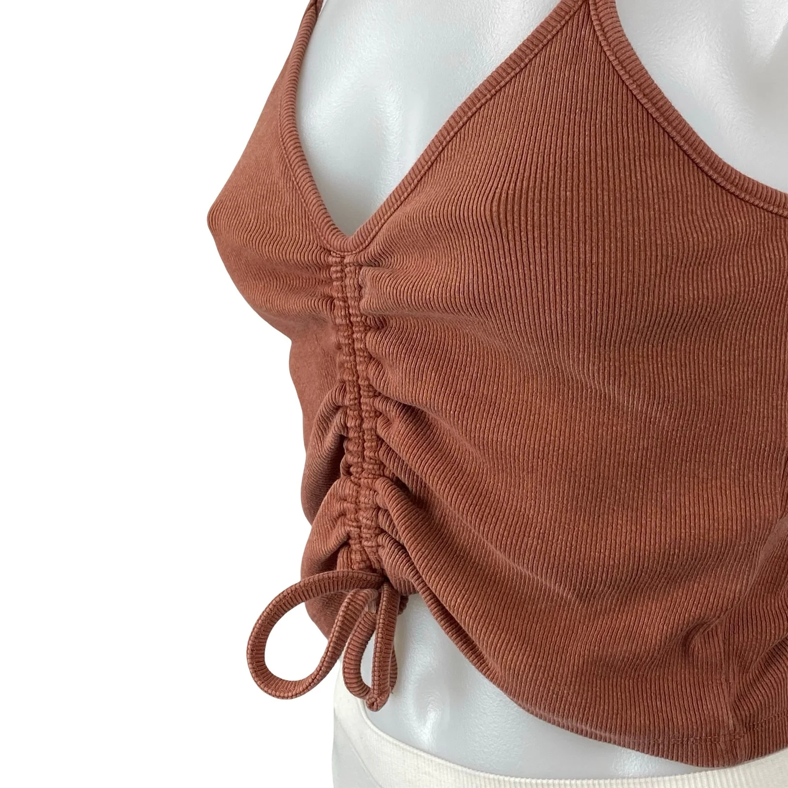 Zara Women's Brown Sleeveless Rib Knit Ruched V Neck Cami Tank Crop Top Size M - Image 3