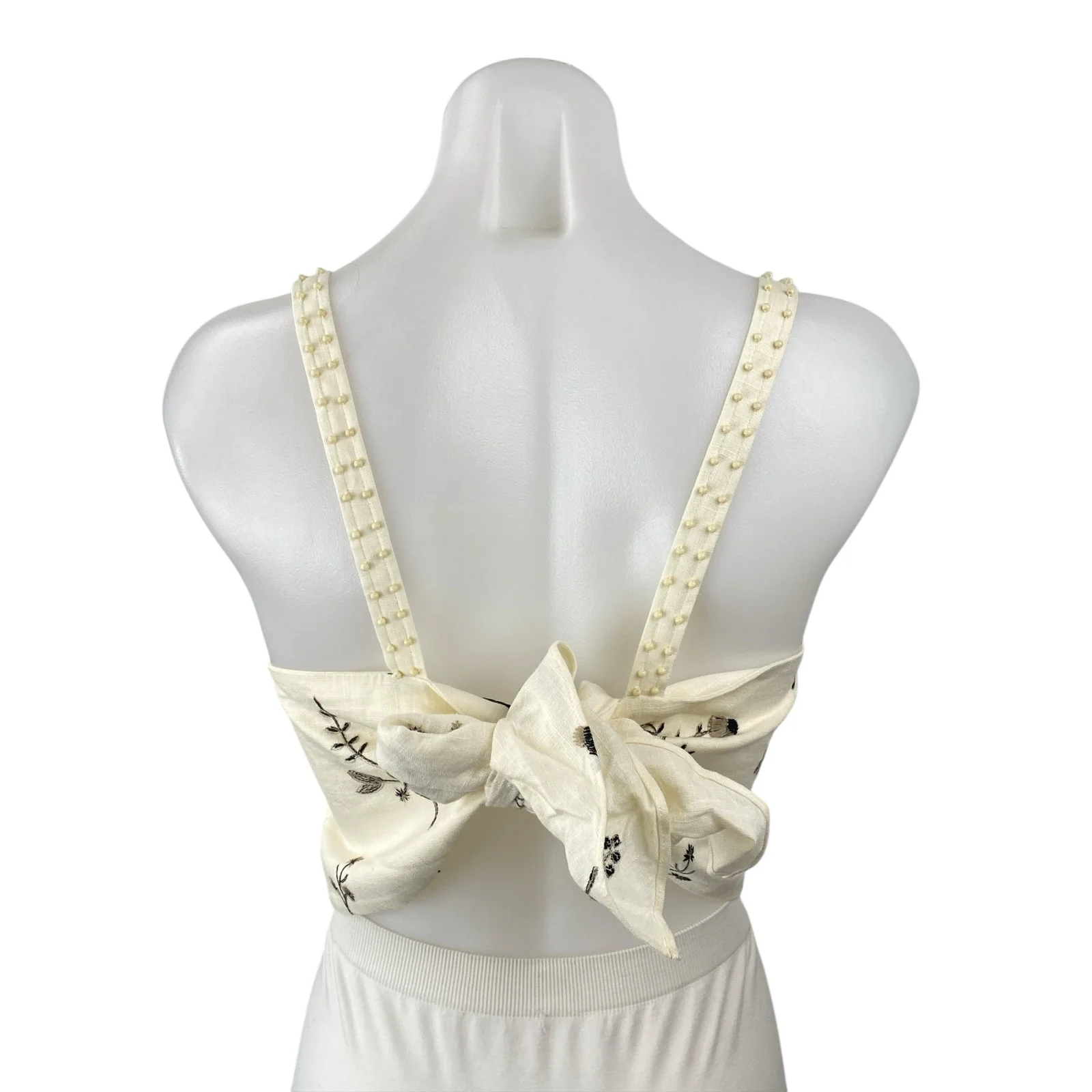 Zara Women's Cream Beaded Embroidered Leaf Sleeveless Tie Cami Crop Top Size L - Image 4