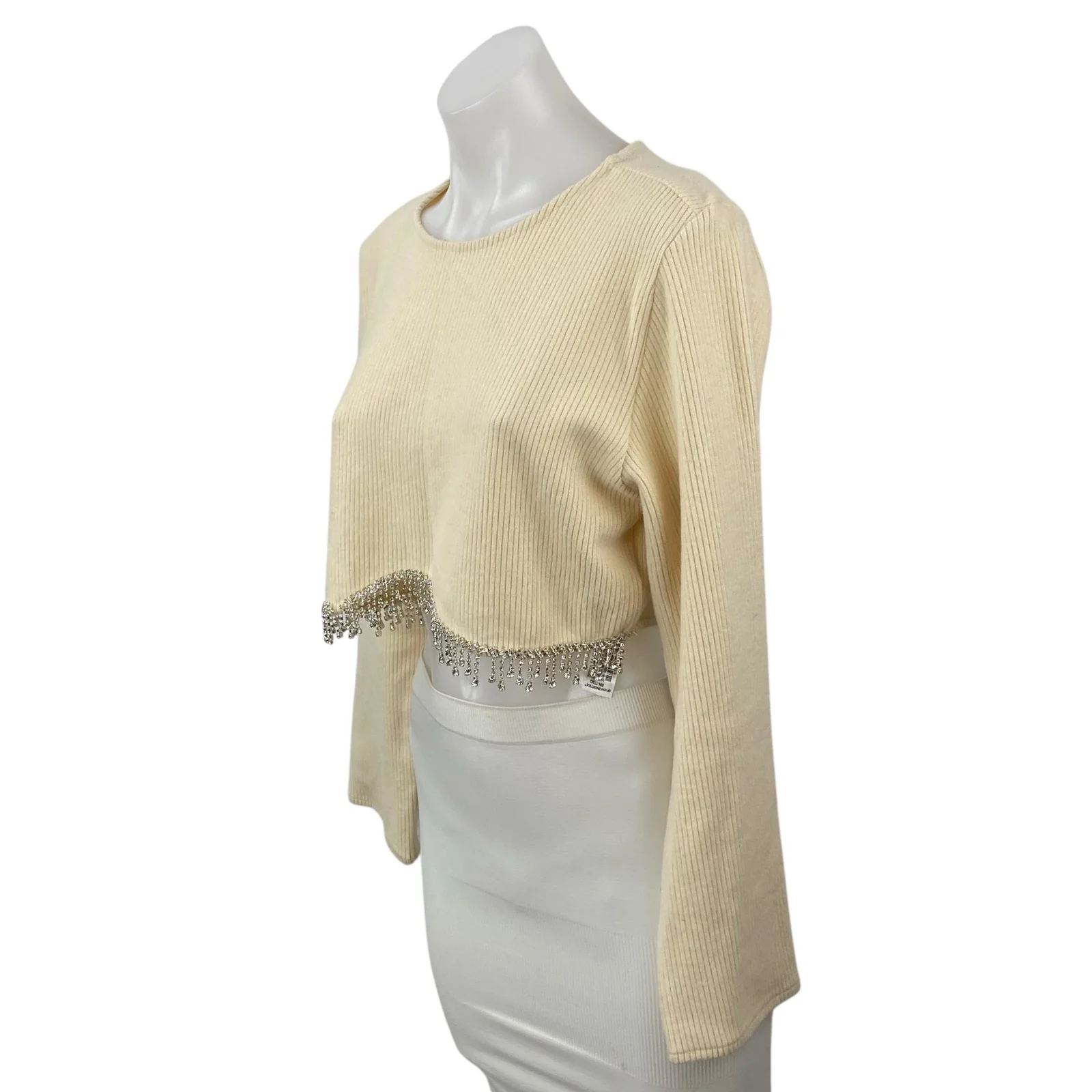 Zara Women's Cream Ribbed Knit Silver Fringe Long Sleeve Sweater Crop Top Size M - Image 3