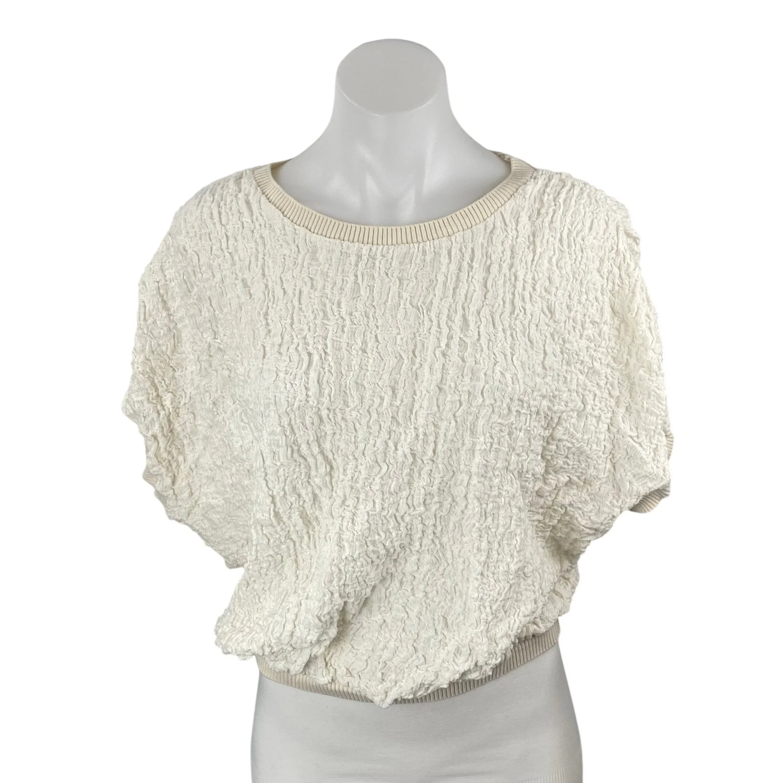 Zara Women's Cream Textured Half Dolman Sleeve Crop Boxy Sweater Blouse Top Sz M