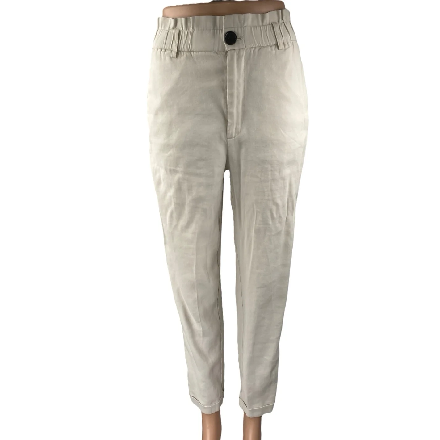 Zara Women's Cream White Straight Skinny High Waist Paperbag Trousers Pants XS