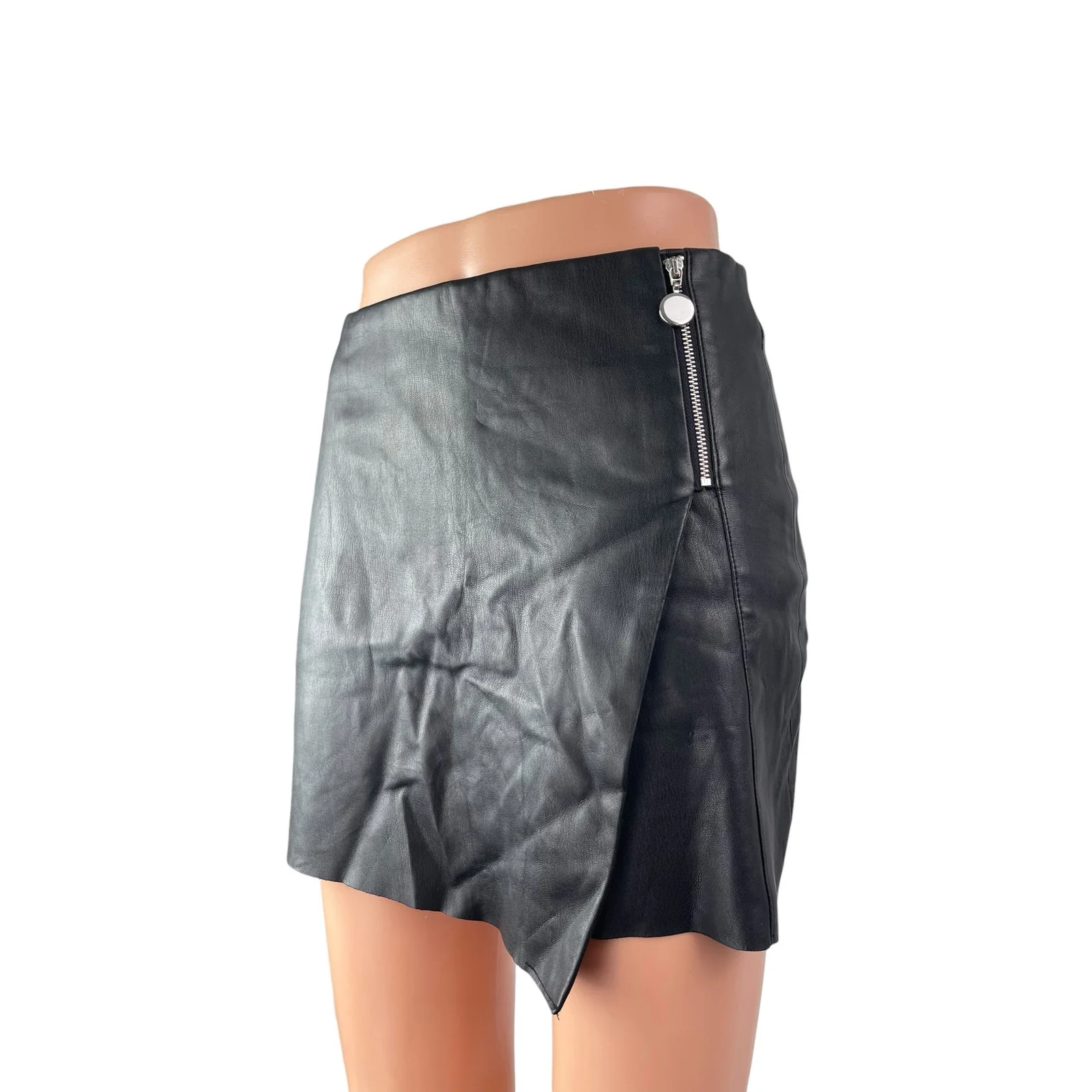 Zara Women's Faux Vegan Leather Zipper Slit Asymmetric Mini Wrap Skort Skirt S - Image 2