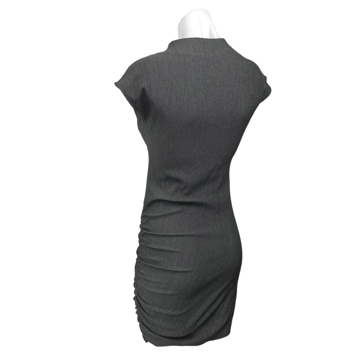 Zara Women's Gray Ruched Textured Short Sleeve High Neck Mini Bodycon Dress Sz S - Image 2